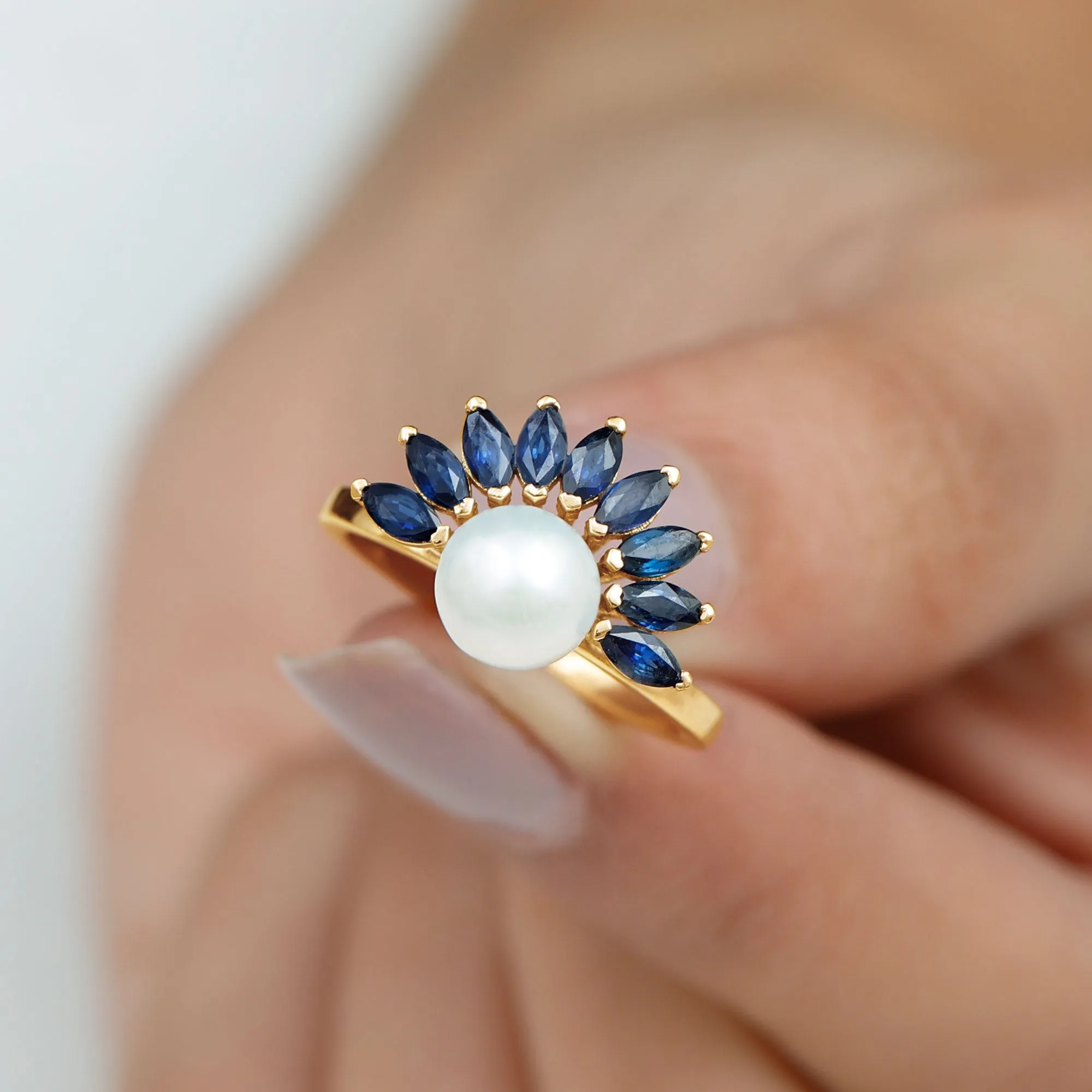 Freshwater Cultured Pearl Floral Inspired Cocktail Ring with Blue Sapphire