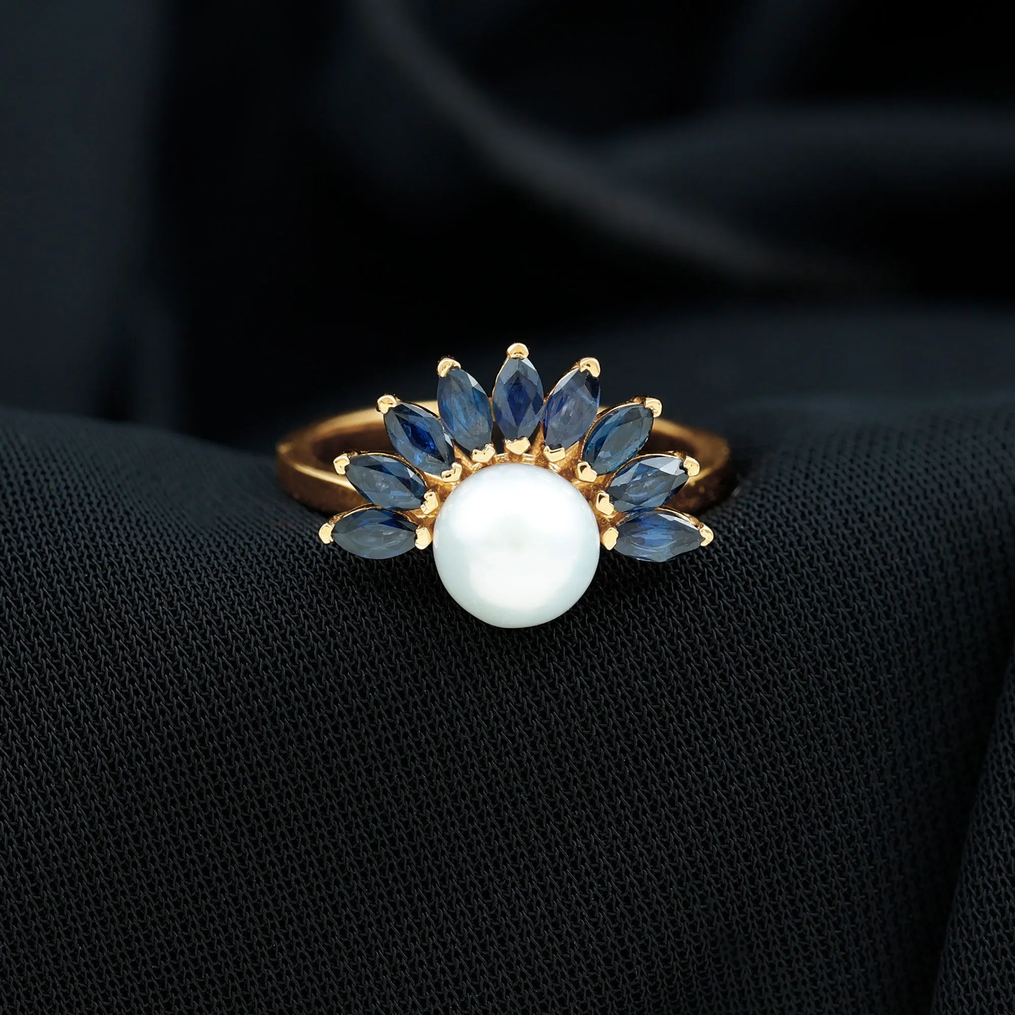 Freshwater Cultured Pearl Floral Inspired Cocktail Ring with Blue Sapphire