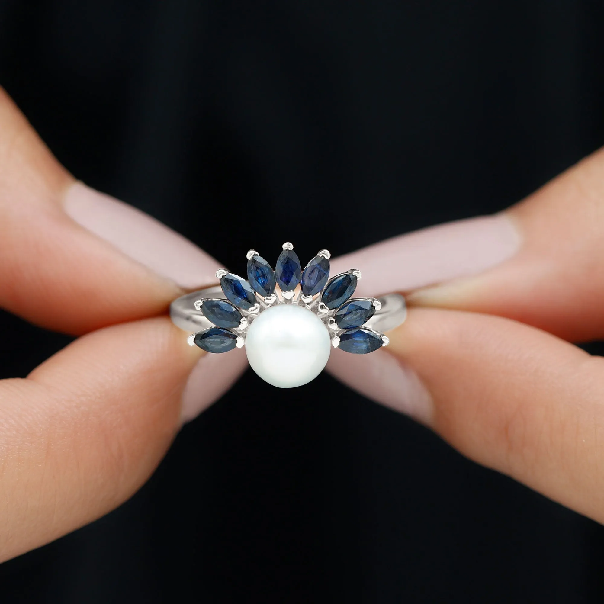 Freshwater Cultured Pearl Floral Inspired Cocktail Ring with Blue Sapphire