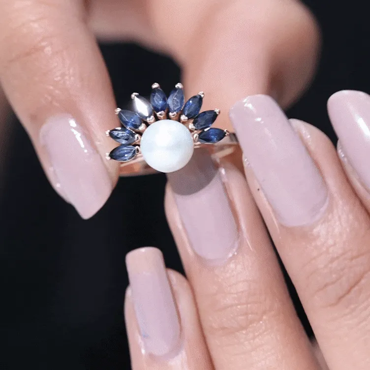 Freshwater Cultured Pearl Floral Inspired Cocktail Ring with Blue Sapphire