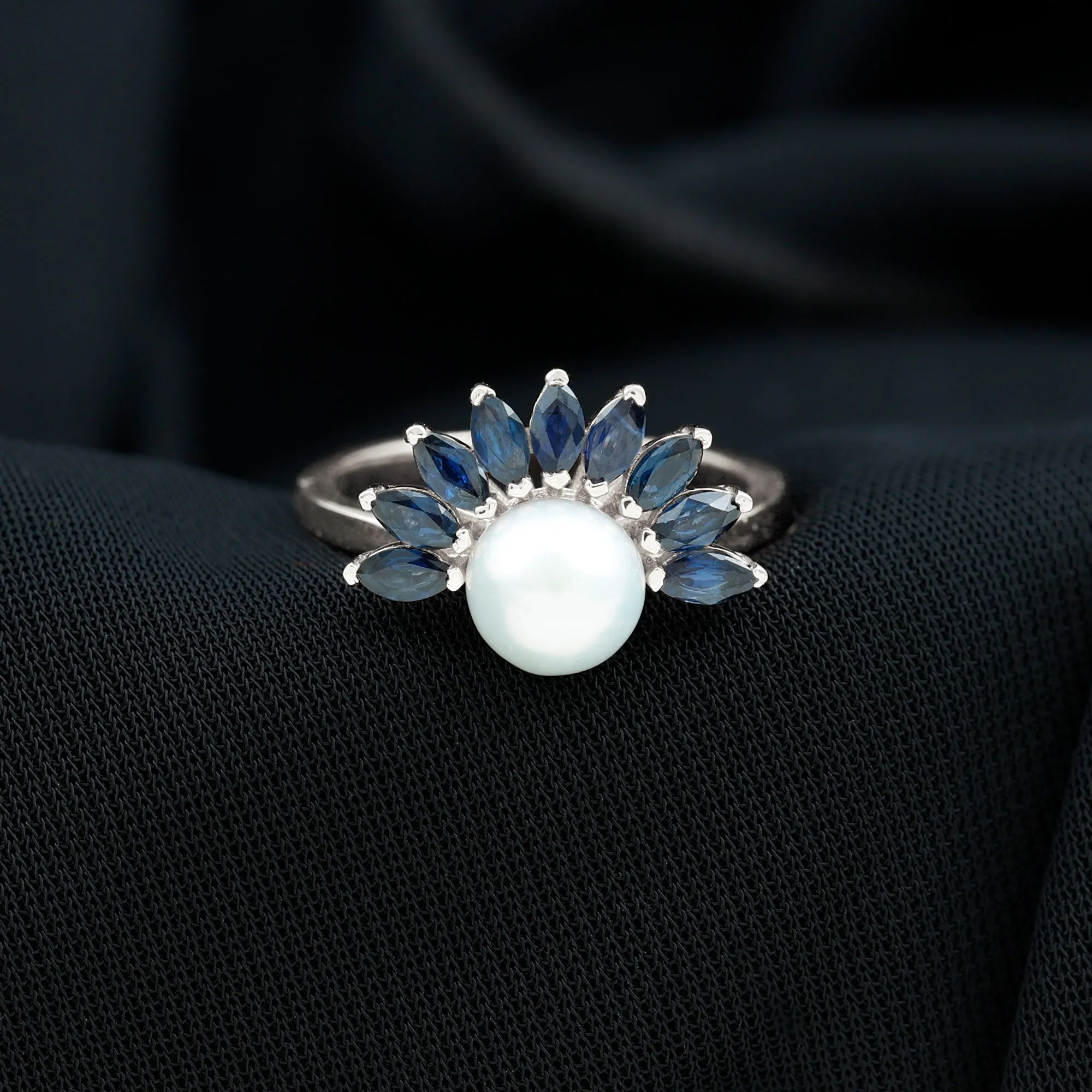 Freshwater Cultured Pearl Floral Inspired Cocktail Ring with Blue Sapphire