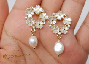 freshwater Pearl Swarovski Crystals Floral Stud earring, 925 Sterling Silver White Flower Drop Earrings, Statement Earrings, Bridal Jewelry.