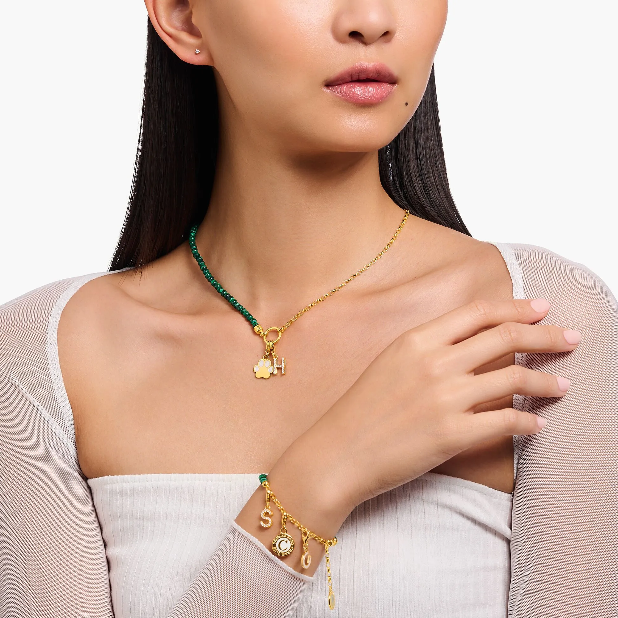 Gold Member Charm necklace with green beads