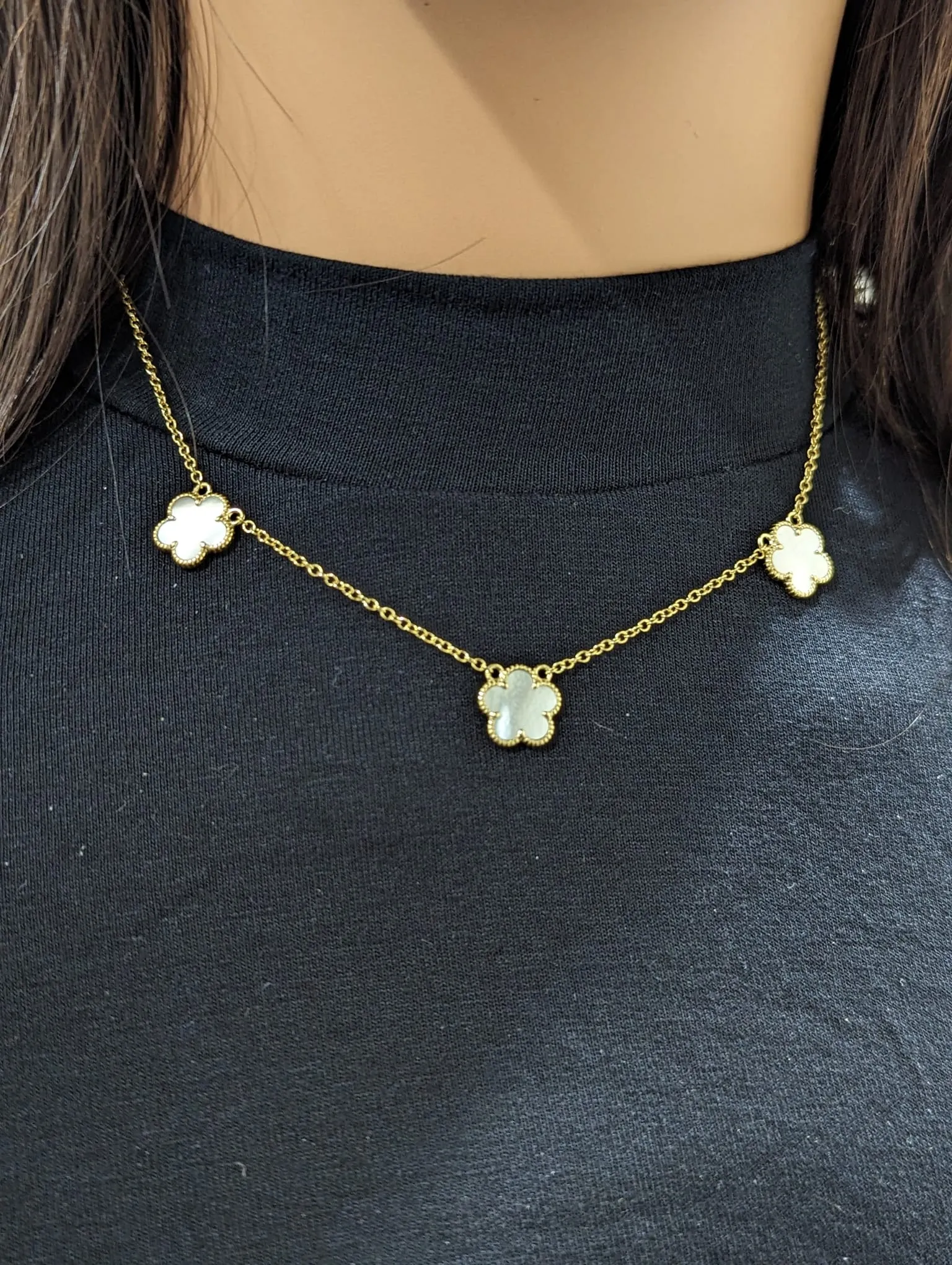 Gold Plated Sterling Silver Mother of Pearl Three Flower Necklace