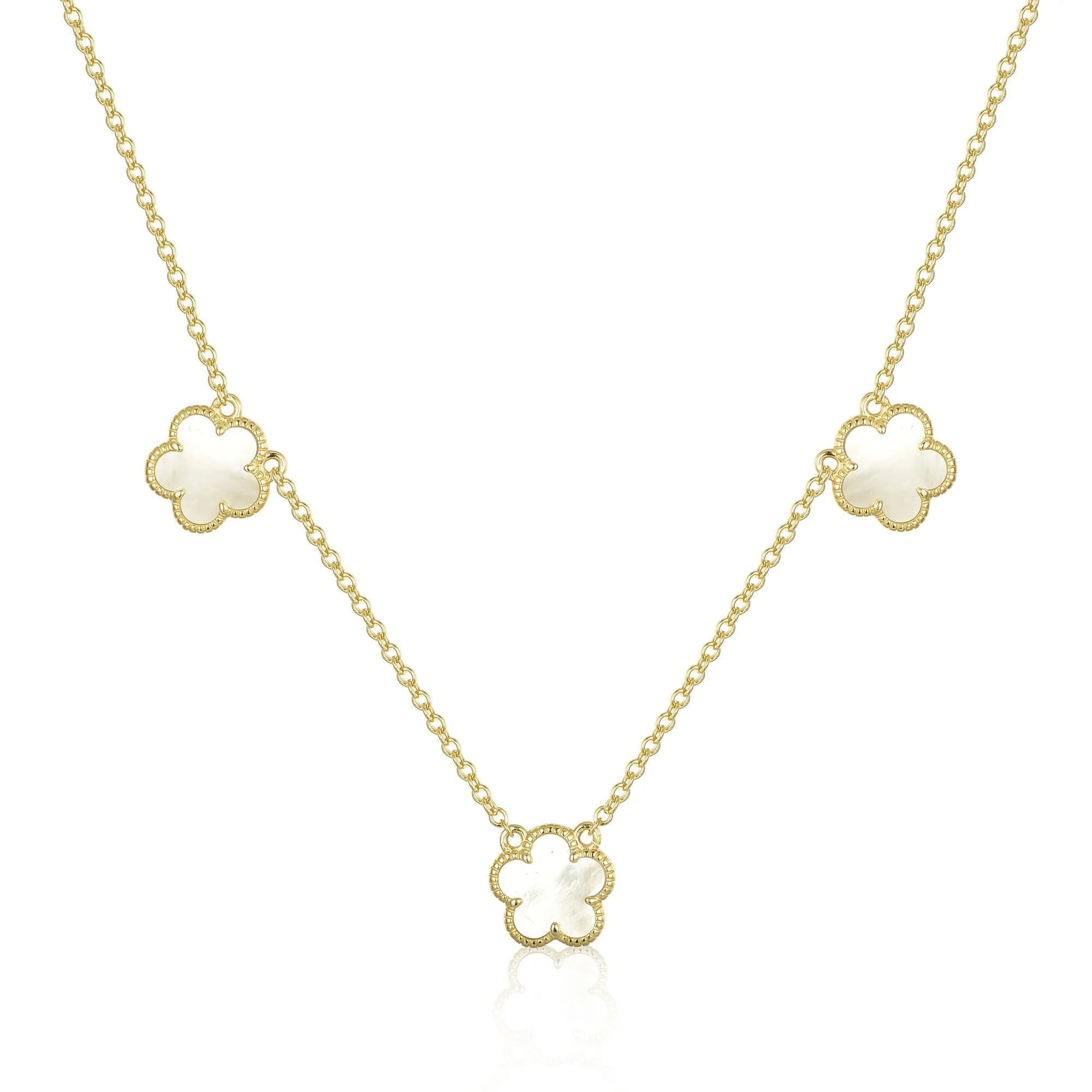 Gold Plated Sterling Silver Mother of Pearl Three Flower Necklace