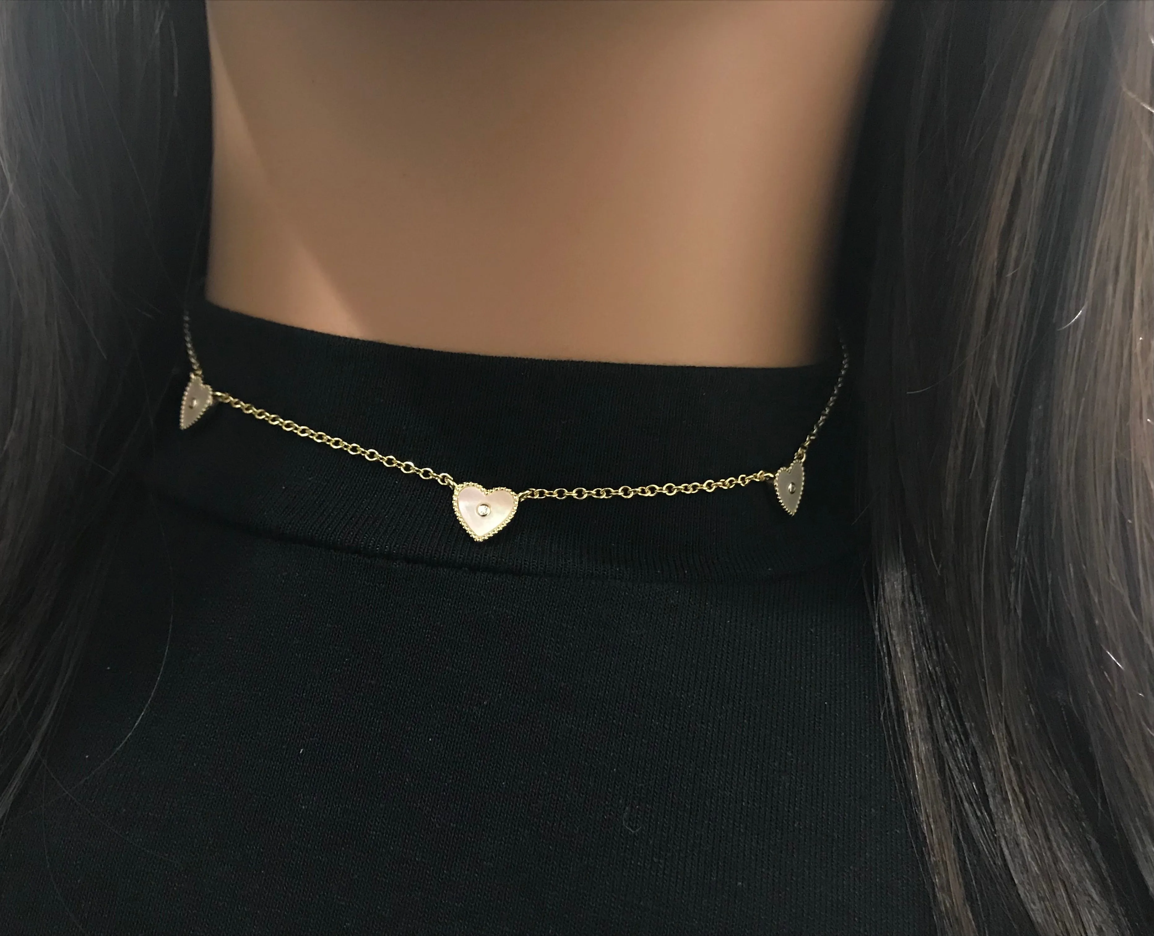 Gold Plated Sterling Silver Mother of Pearl Three Heart Necklace