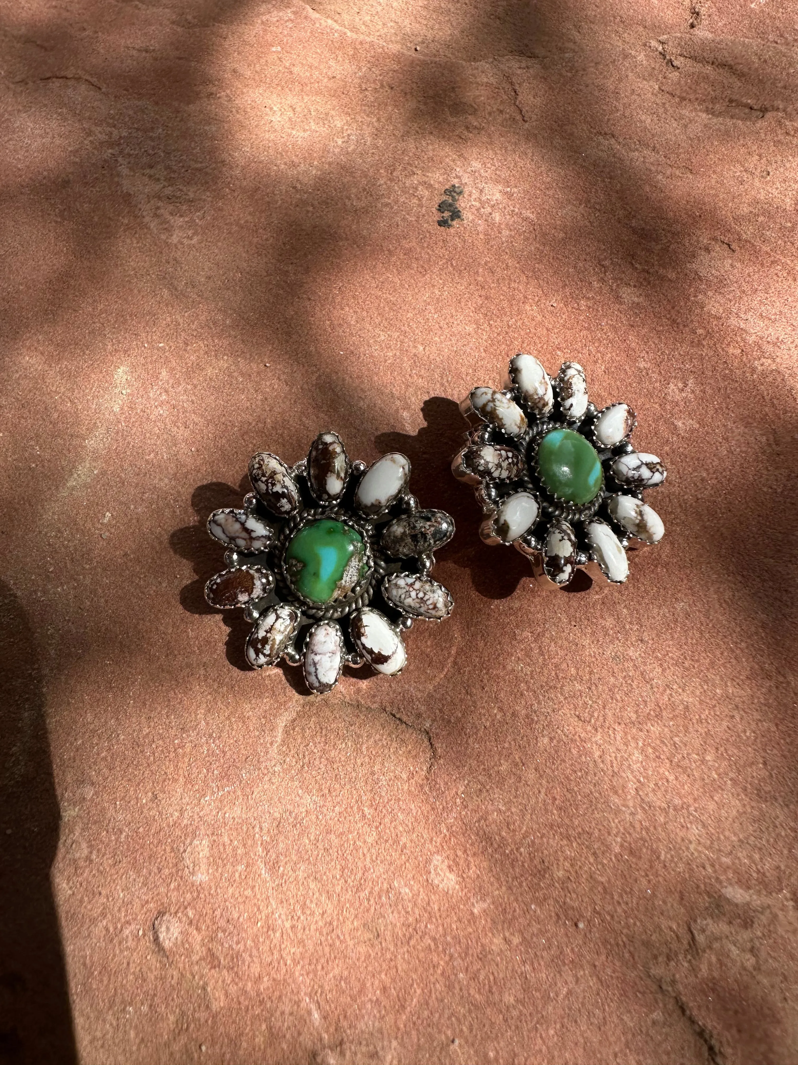 Handmade Flower Sterling Silver, Wild Horse, Sonoran Turquoise Cluster Post Earrings Signed Nizhoni