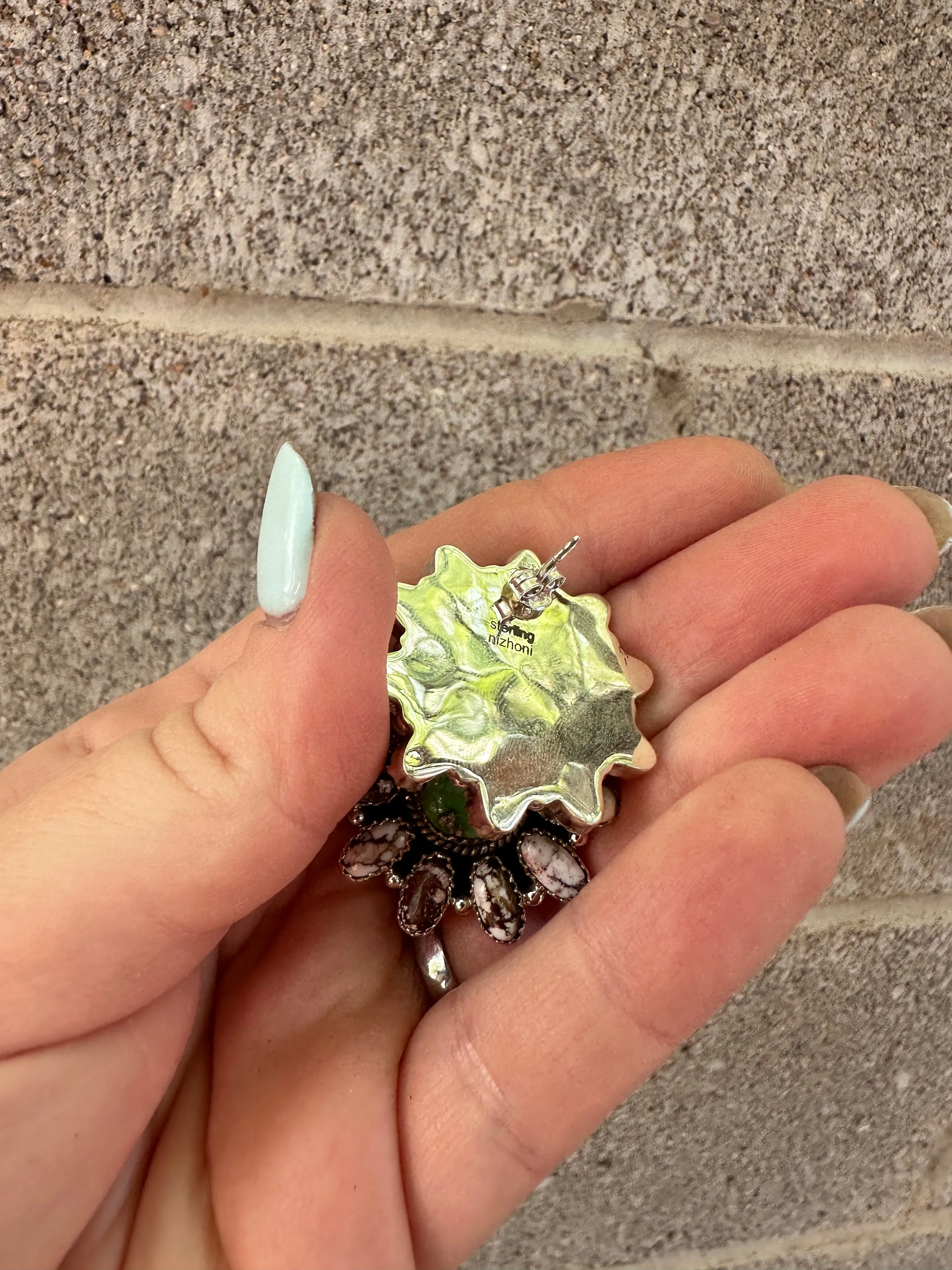 Handmade Flower Sterling Silver, Wild Horse, Sonoran Turquoise Cluster Post Earrings Signed Nizhoni