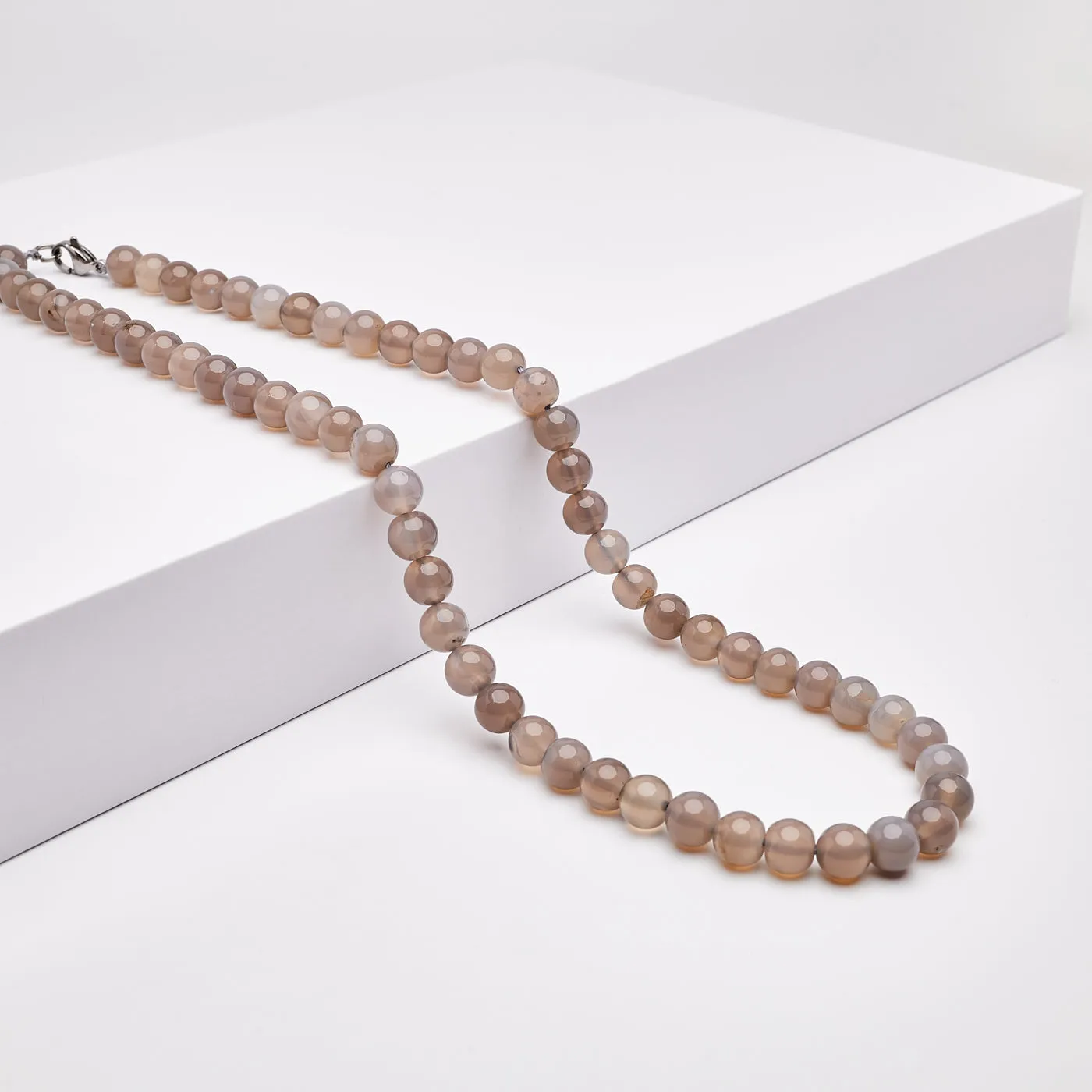 Handmade Men's Grey Agate Gemstone Beaded Necklace