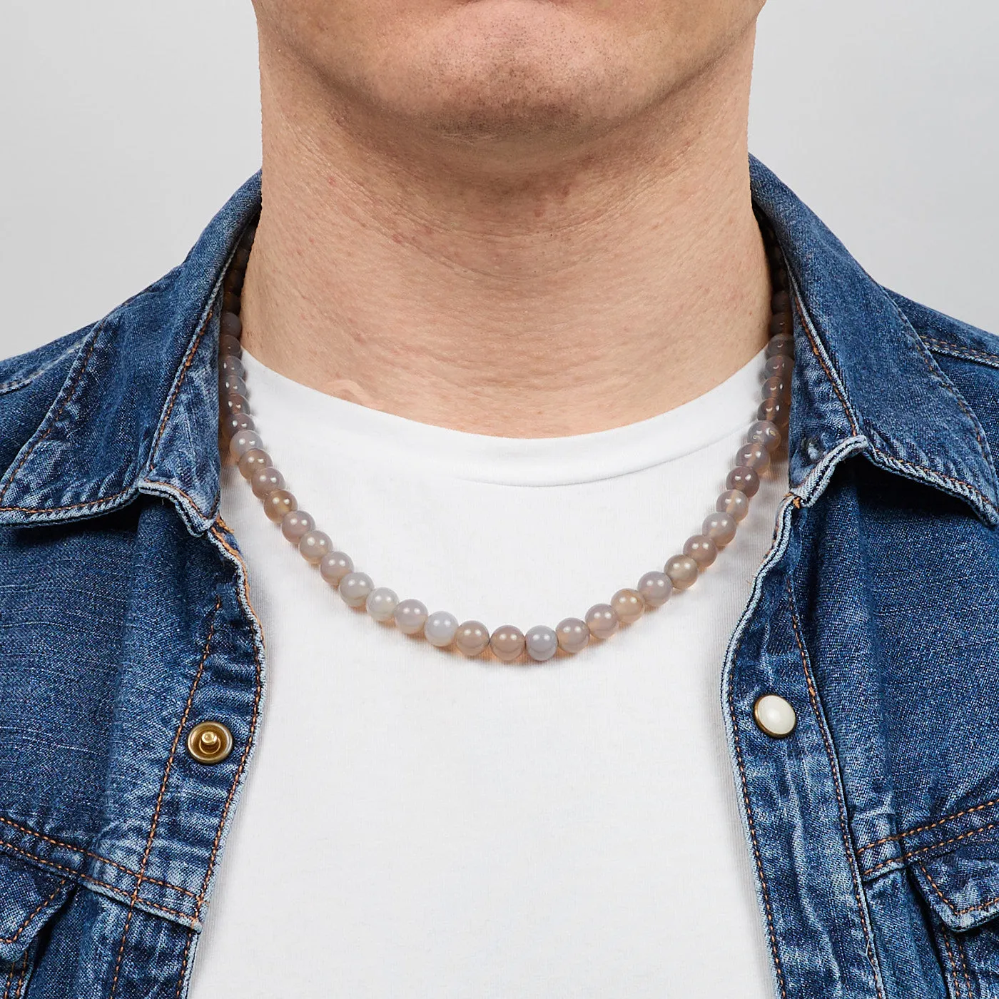 Handmade Men's Grey Agate Gemstone Beaded Necklace
