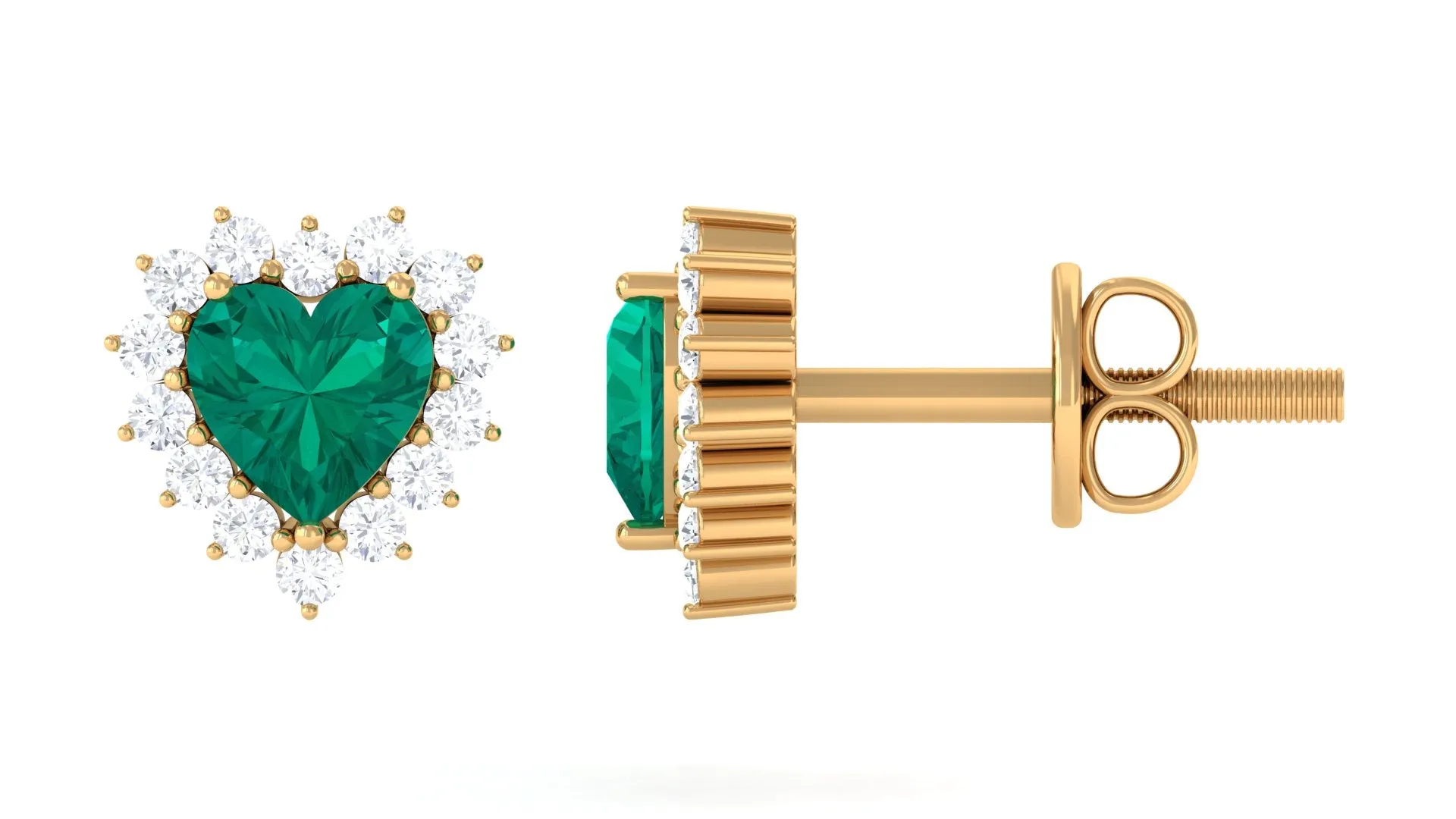 Heart Shape Emerald Stud Earrings with Diamond