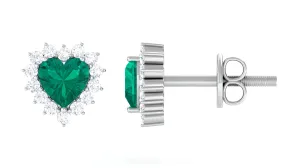 Heart Shape Emerald Stud Earrings with Diamond