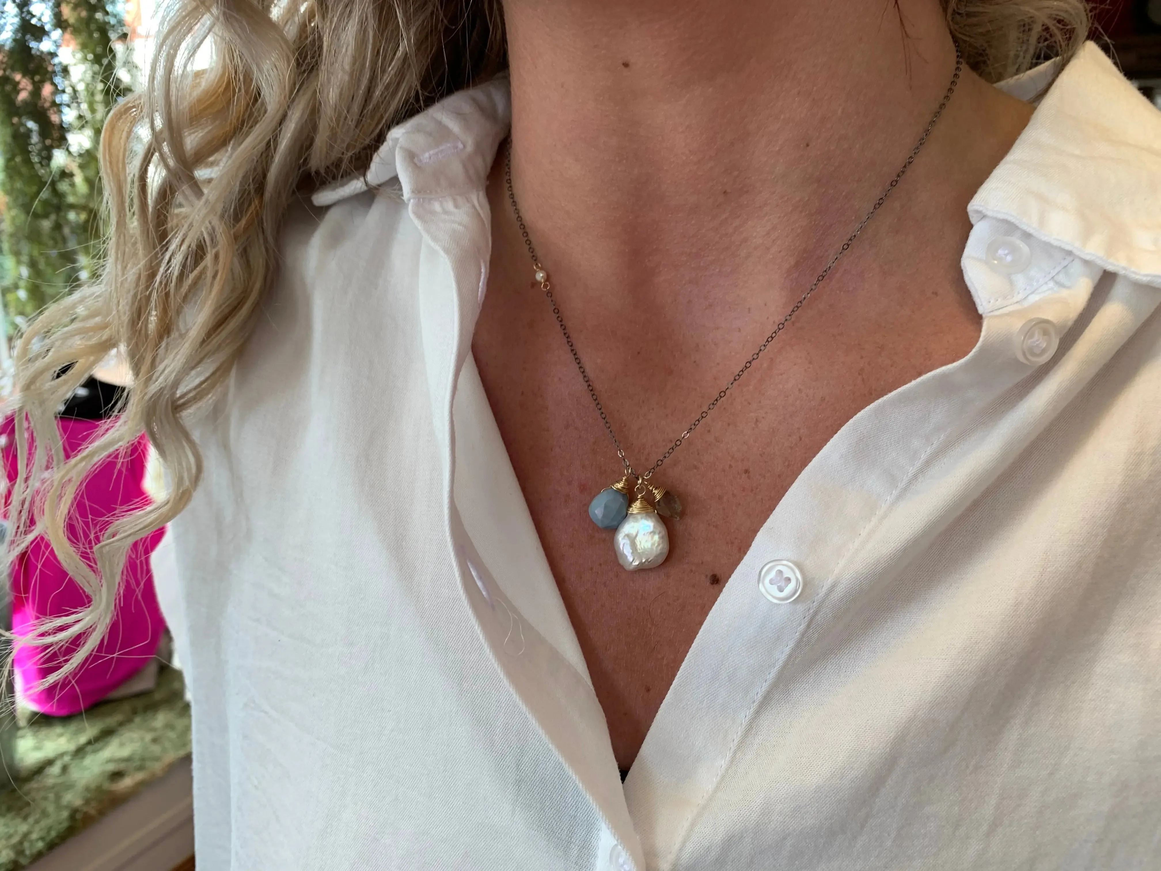 Keishi Pearl and Gemstone Drop Necklace