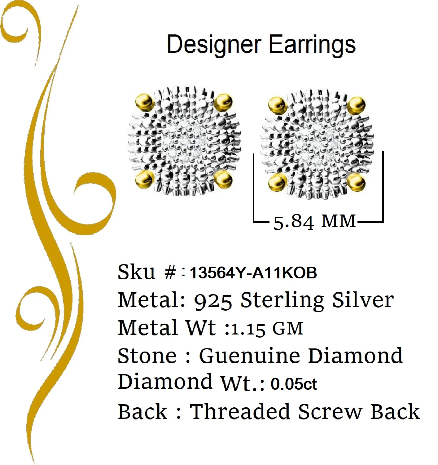 King of Blings-0.05ct Real Diamond 925 Sterling Silver Yellow For Men's & Women's Round Earring