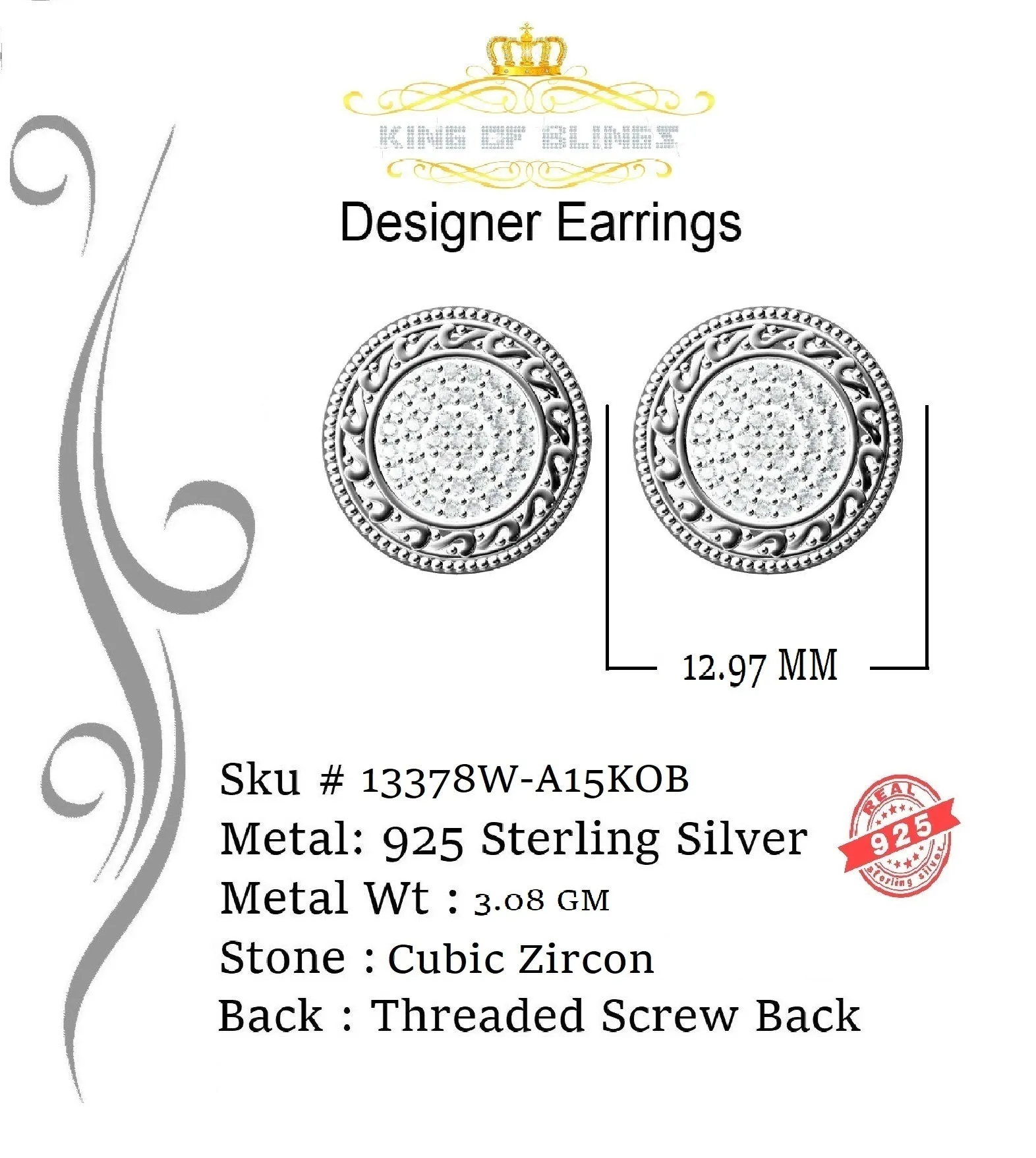 King of Blings- 925 White Sterling Silver 0.78ct Cubic Zirconia Hip Hop Round Earring for Women