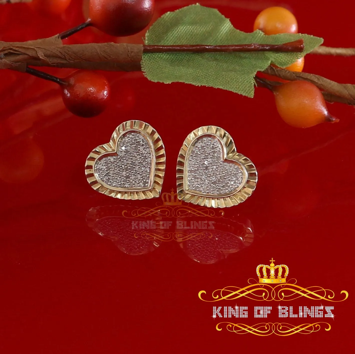 King of Blings-925 Yellow Silver 0.50ct Genuine Diamond Women's /Men's Heart Style Earrings