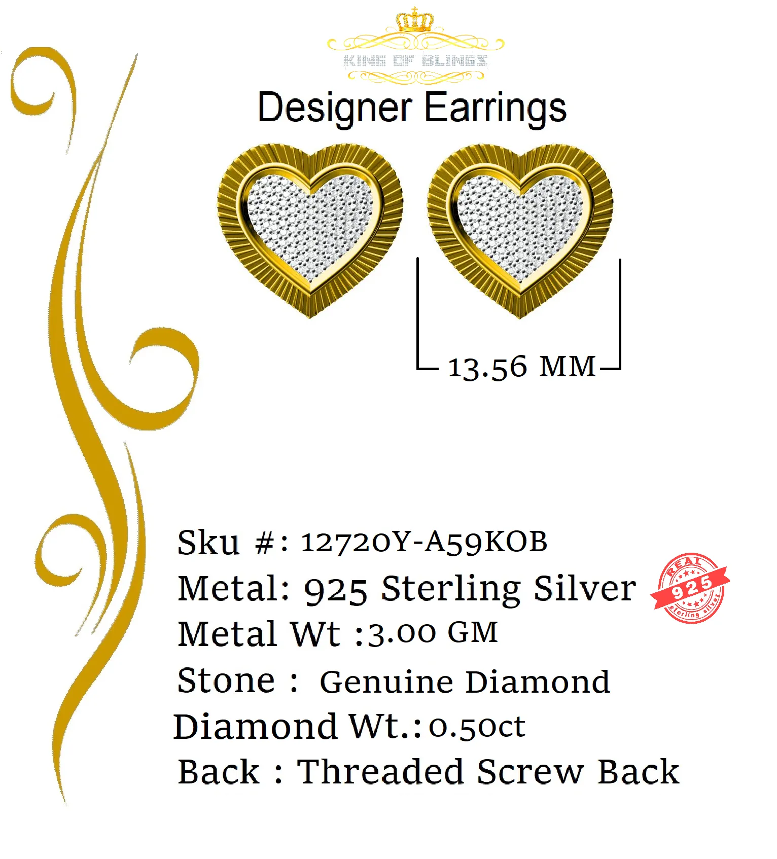 King of Blings-925 Yellow Silver 0.50ct Genuine Diamond Women's /Men's Heart Style Earrings