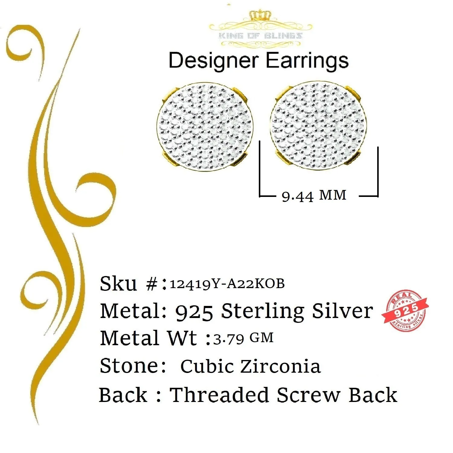 King of Bling's 925 Yellow Sterling Silver 0.90ct Cubic Zirconia Hip Hop Round Women's Earrings
