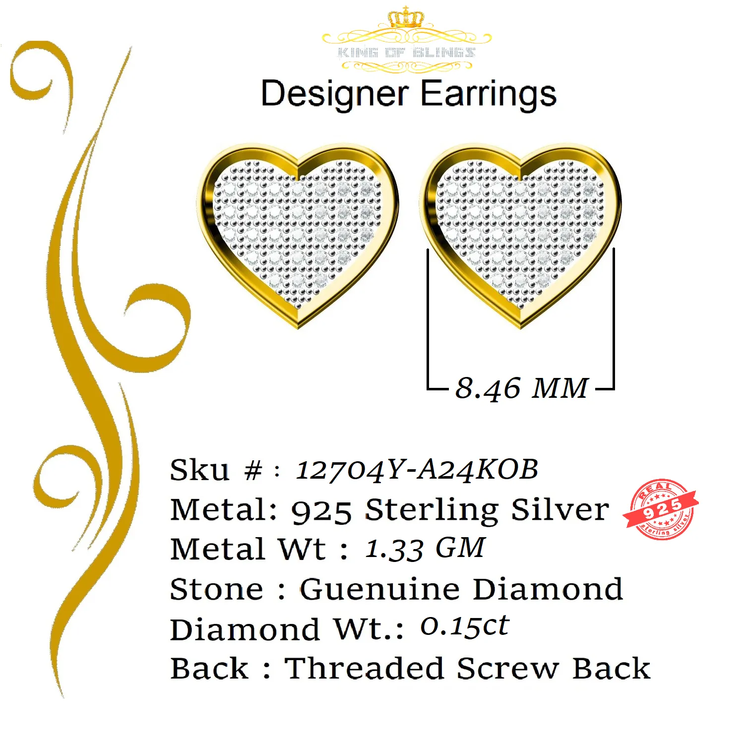 King of Blings-Aretes Para Hombre Heart 925 Yellow Silver 0.25ct Diamond Men & Women Earrings