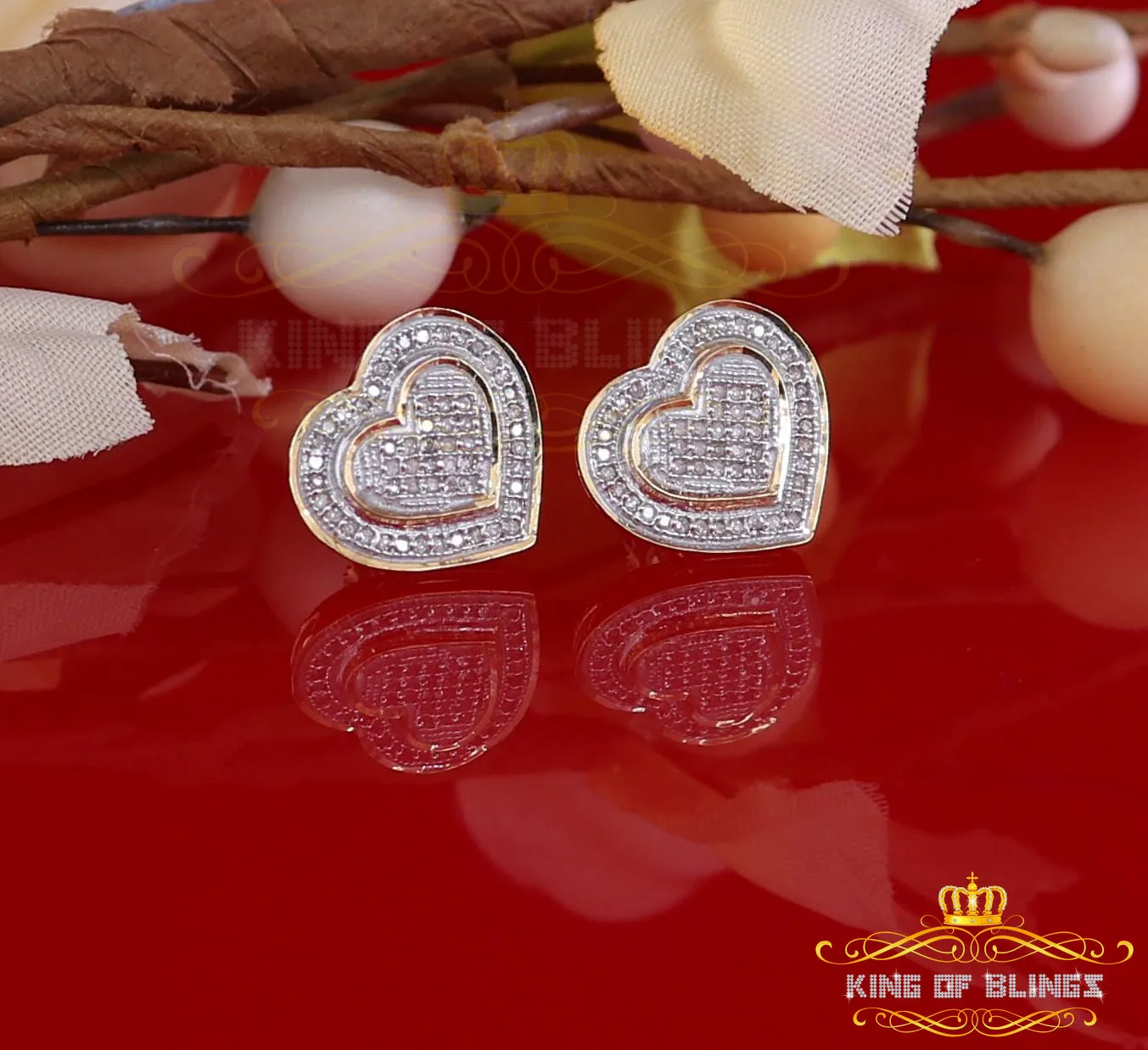King of Blings-Aretes Para Hombre Heart 925 Yellow Silver 0.30ct Diamond Women's /Men's Earring