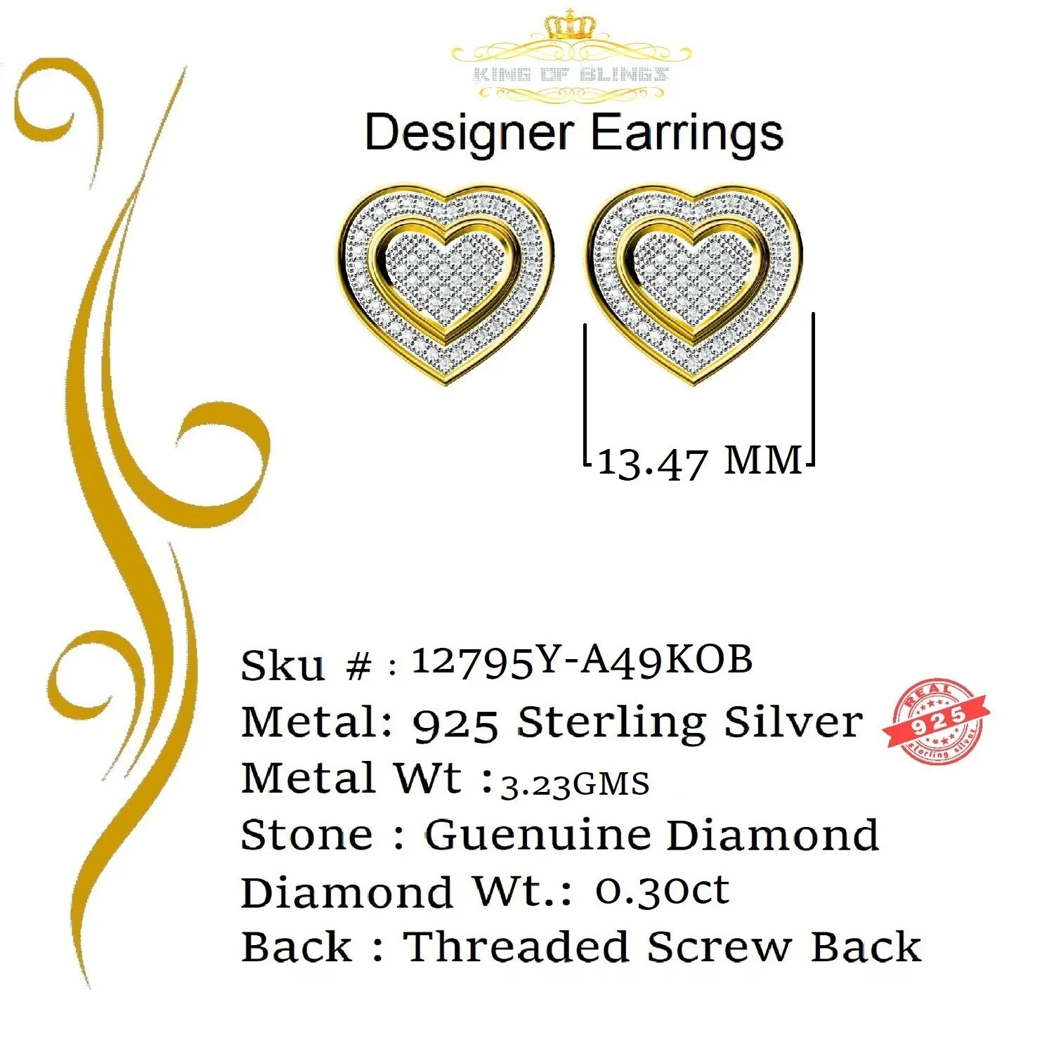 King of Blings-Aretes Para Hombre Heart 925 Yellow Silver 0.30ct Diamond Women's /Men's Earring