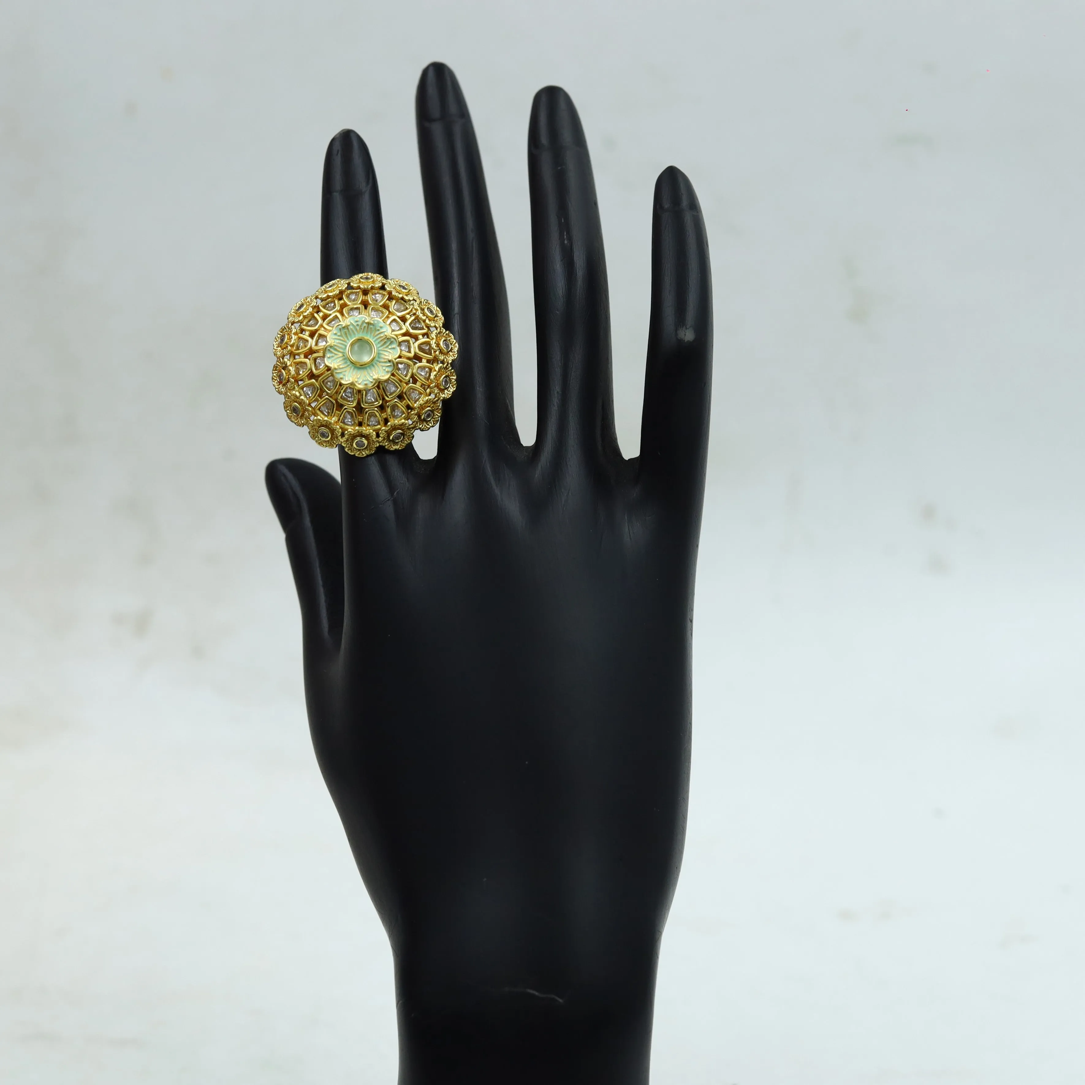Kundan Cocktail Adjustable Mint Green Ring 15536-2683