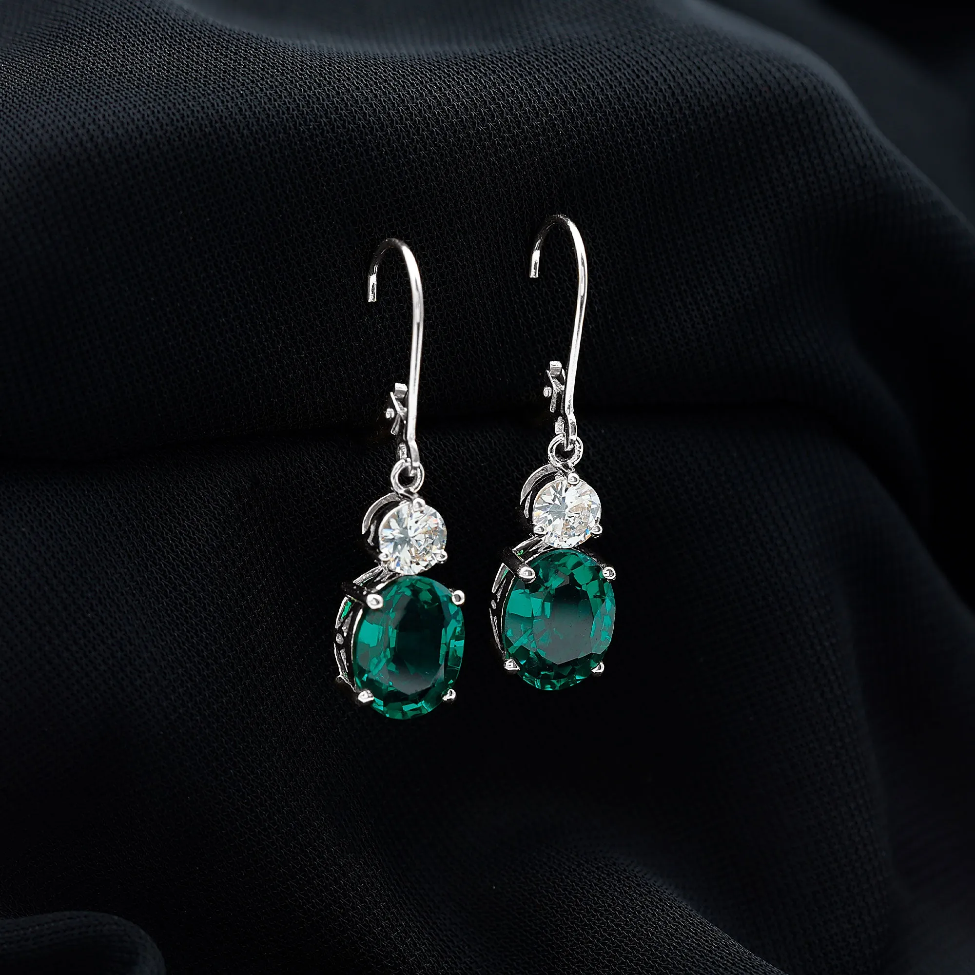 Lab Grown Emerald Oval Drop Earrings With Moissanite