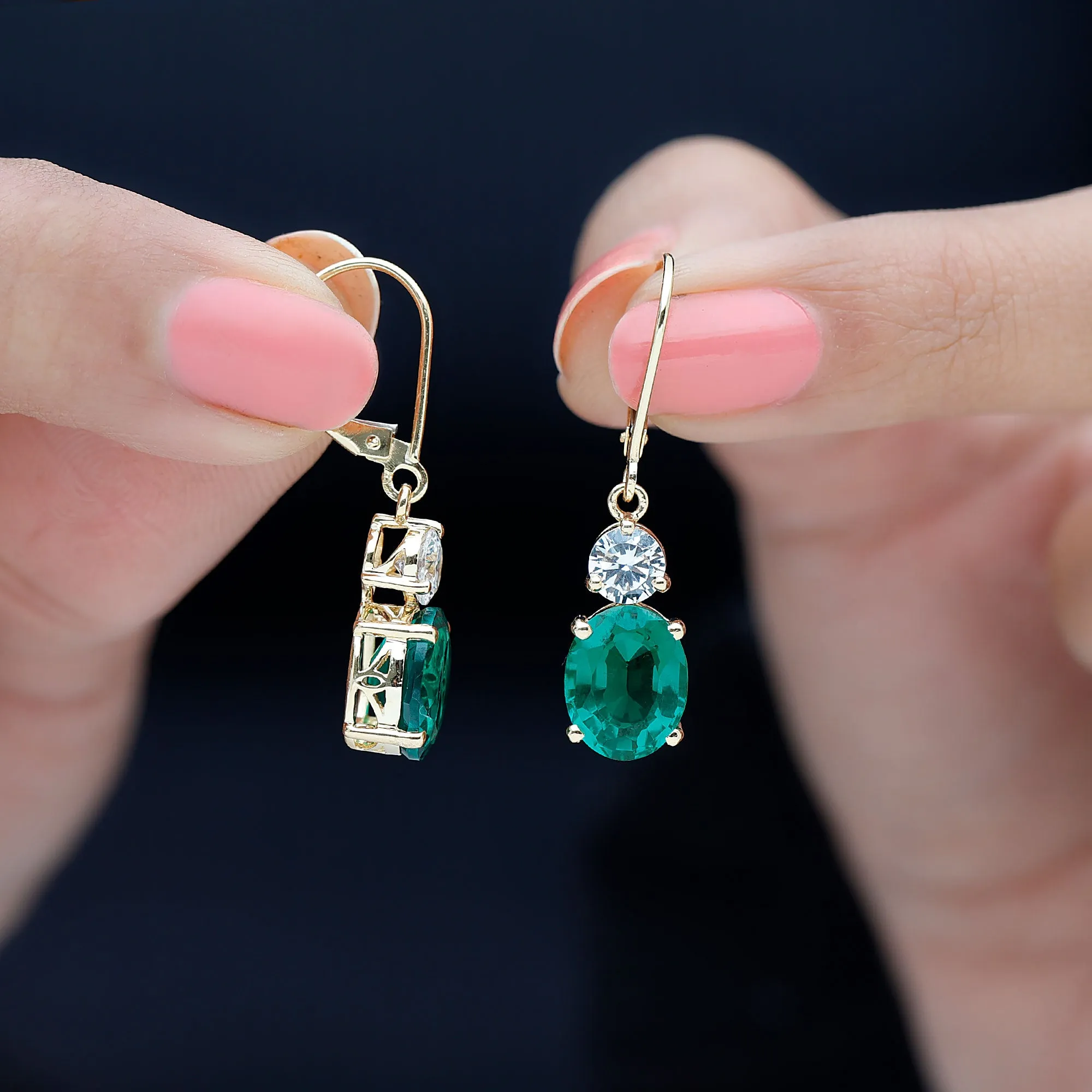 Lab Grown Emerald Oval Drop Earrings With Moissanite