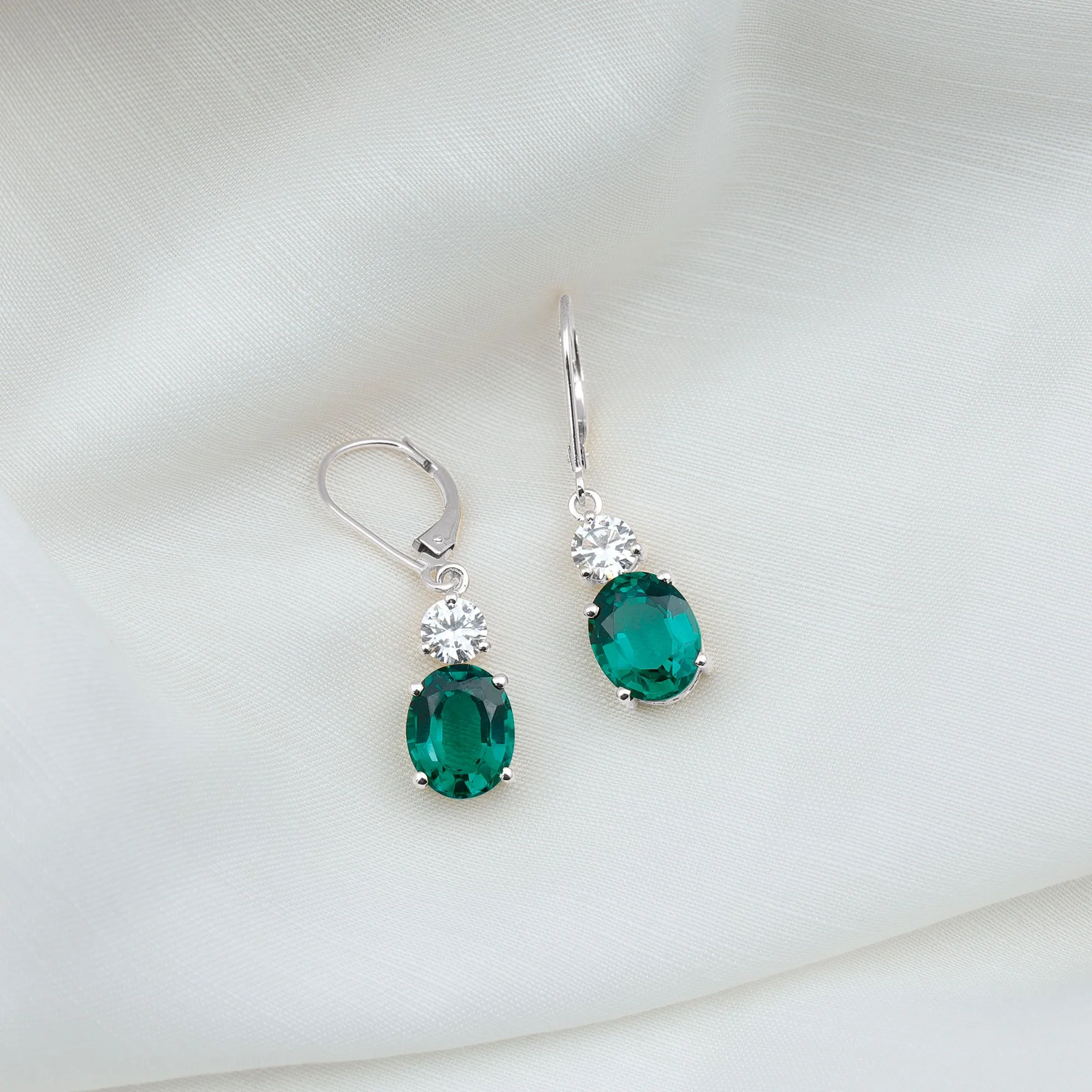 Lab Grown Emerald Oval Drop Earrings With Moissanite