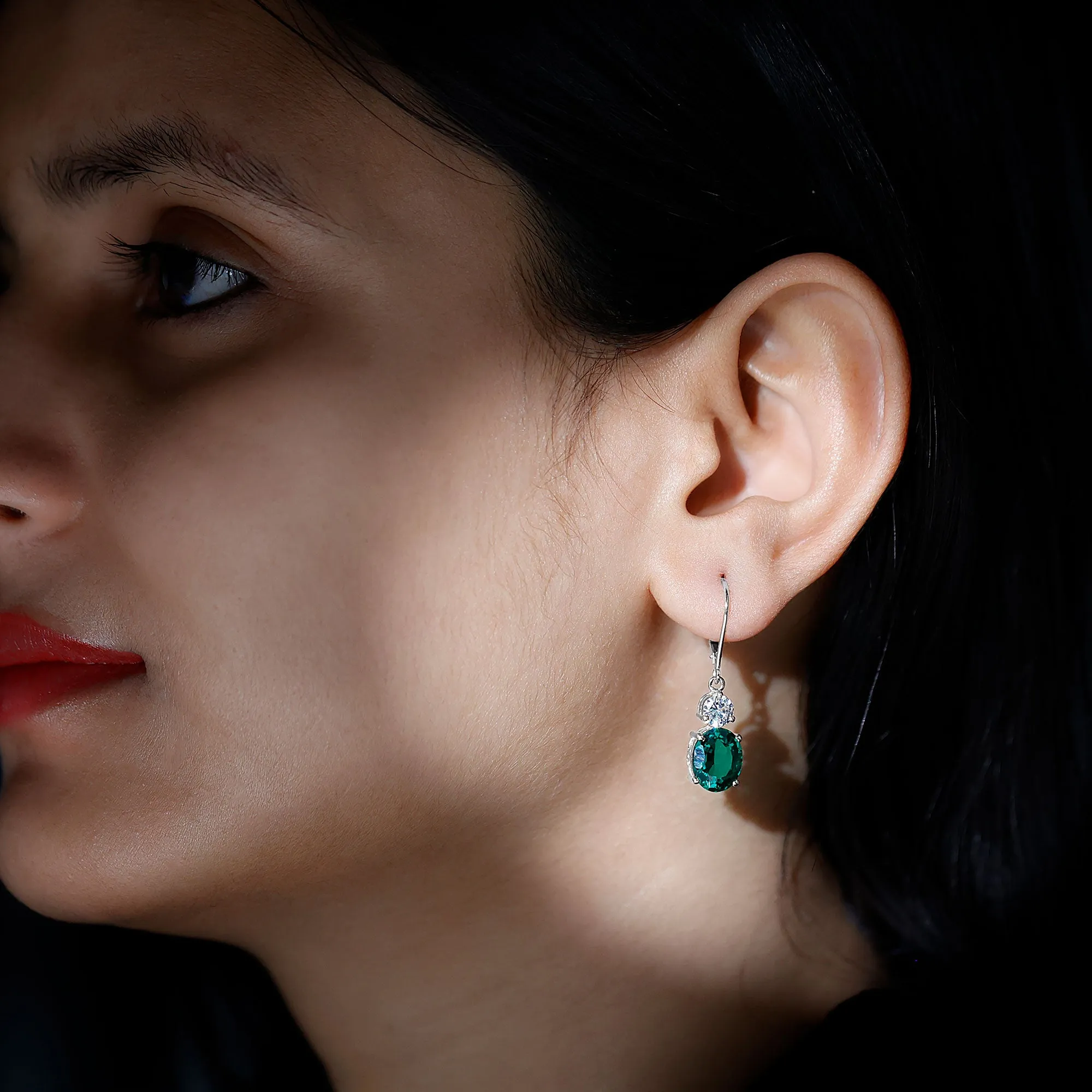 Lab Grown Emerald Oval Drop Earrings With Moissanite