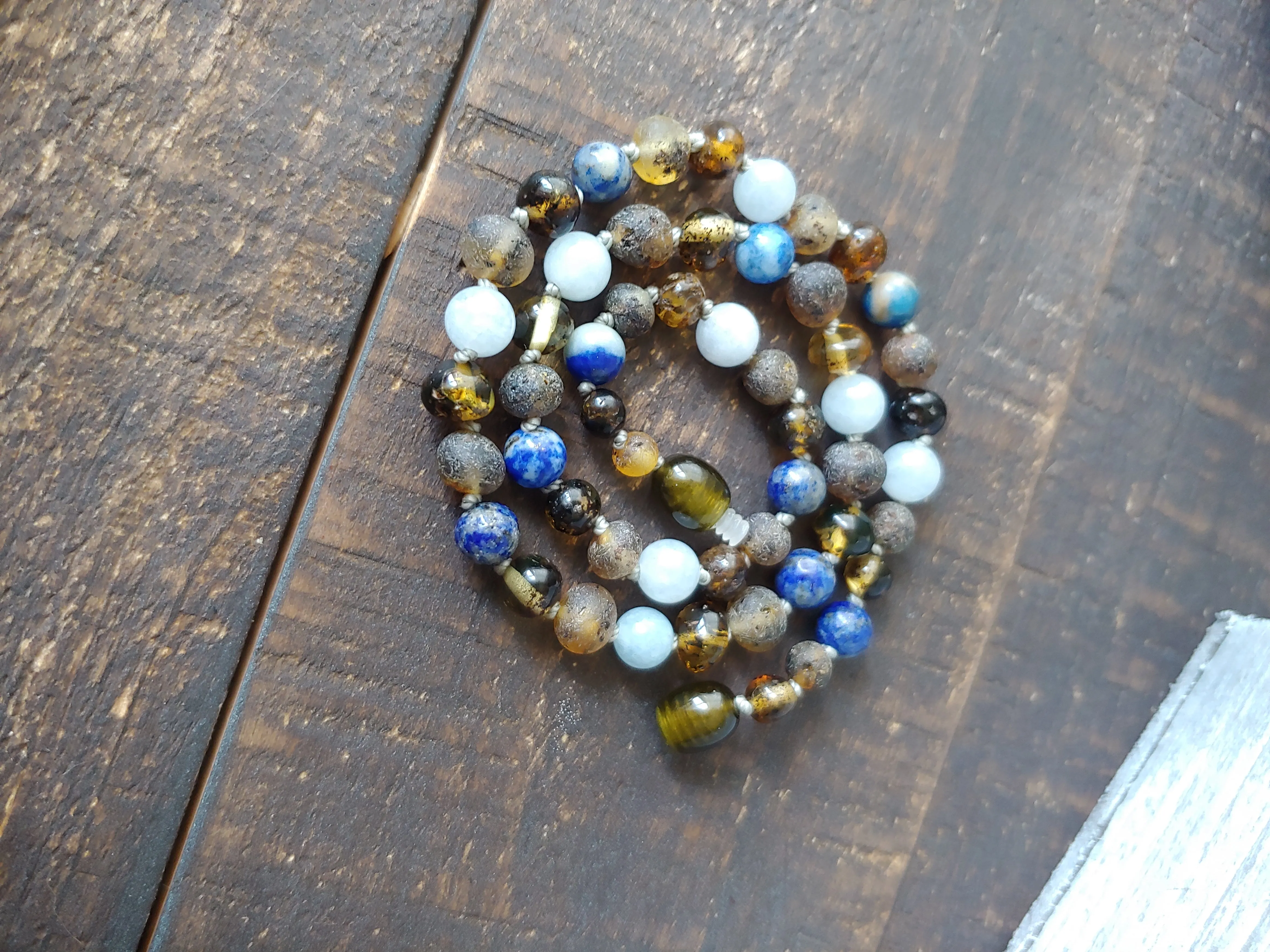 Lapis Lazuli, Aquamarine   Raw Green Baltic Amber Necklace