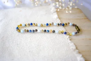 Lapis Lazuli, Aquamarine   Raw Green Baltic Amber Necklace