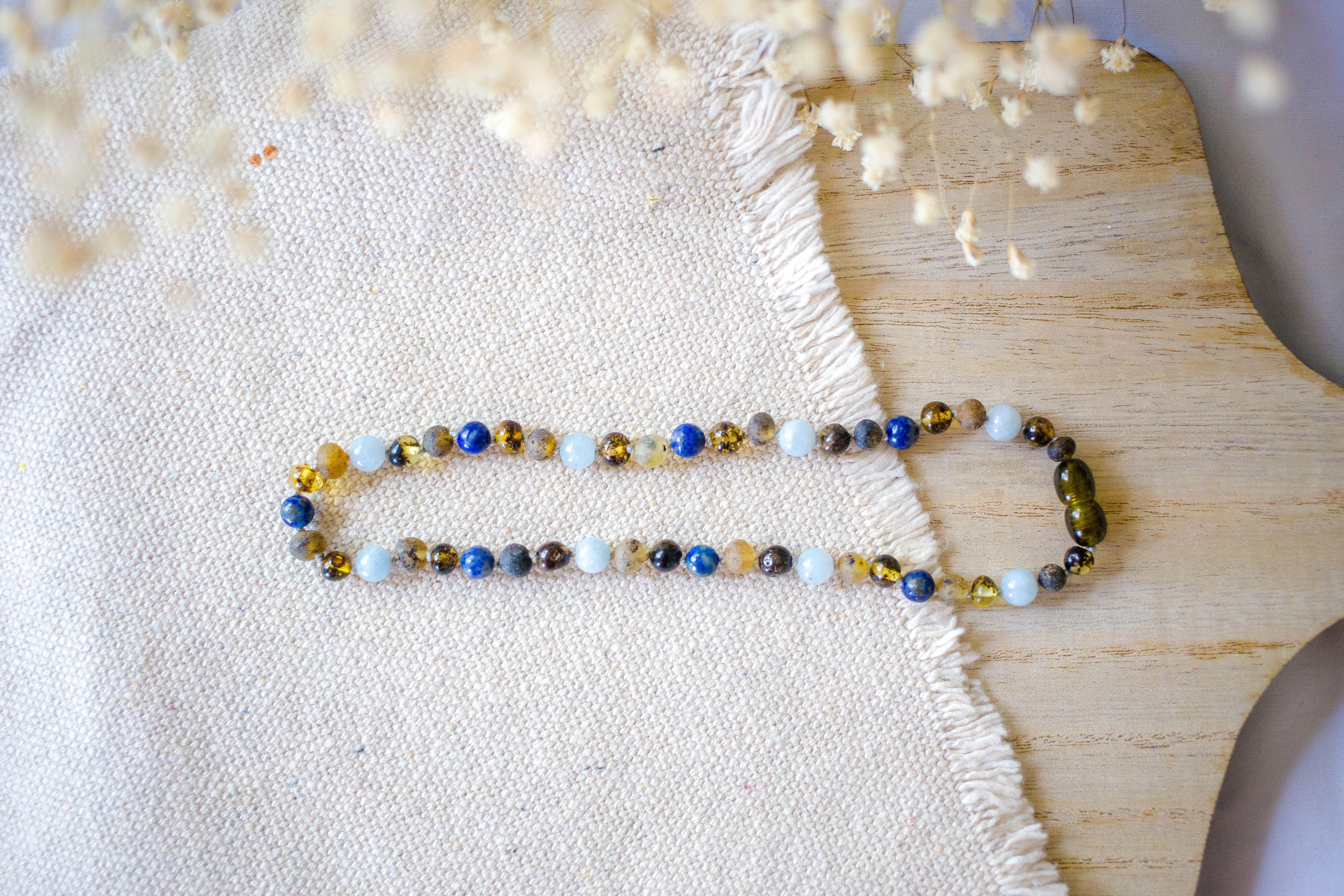 Lapis Lazuli, Aquamarine   Raw Green Baltic Amber Necklace