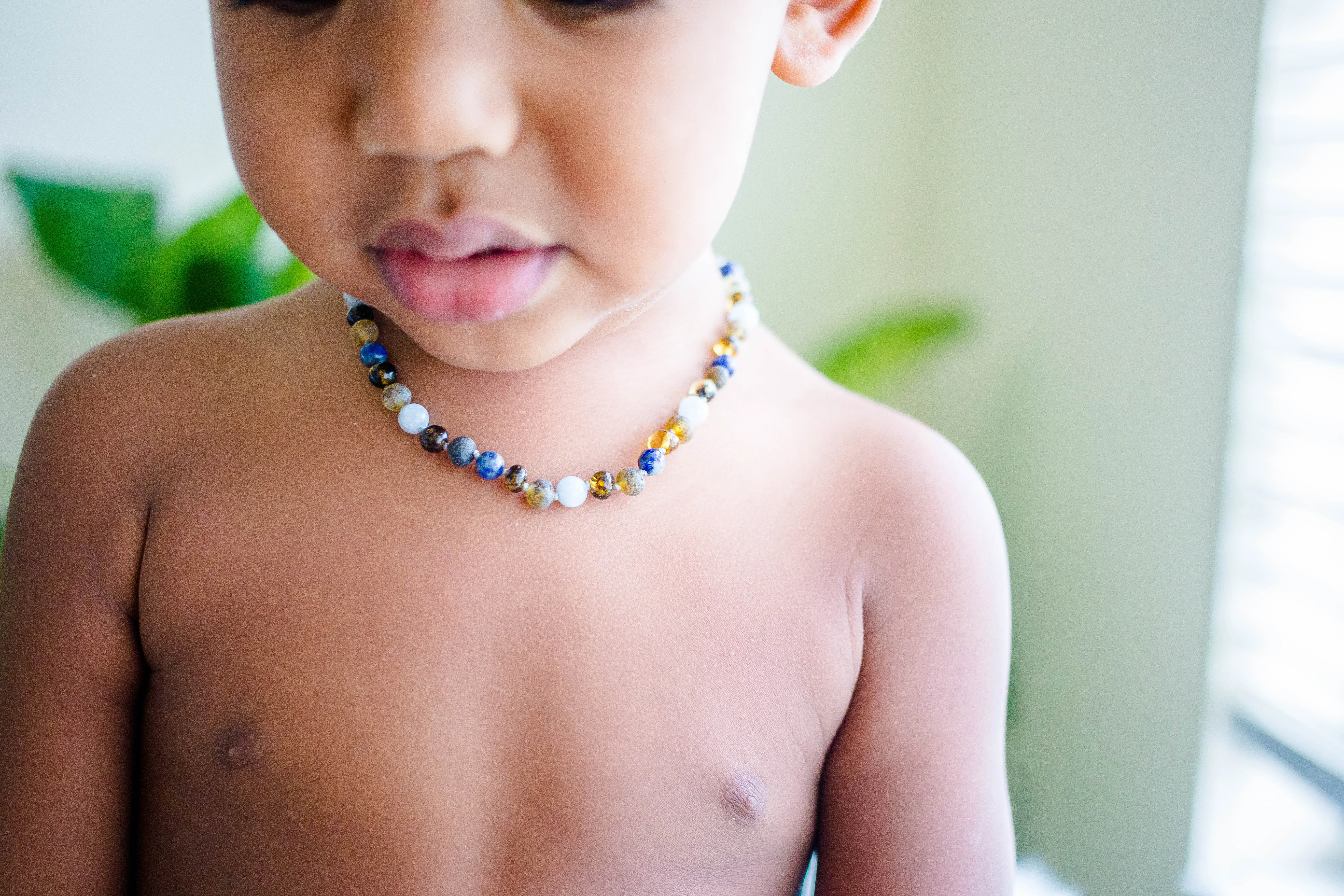 Lapis Lazuli, Aquamarine   Raw Green Baltic Amber Necklace