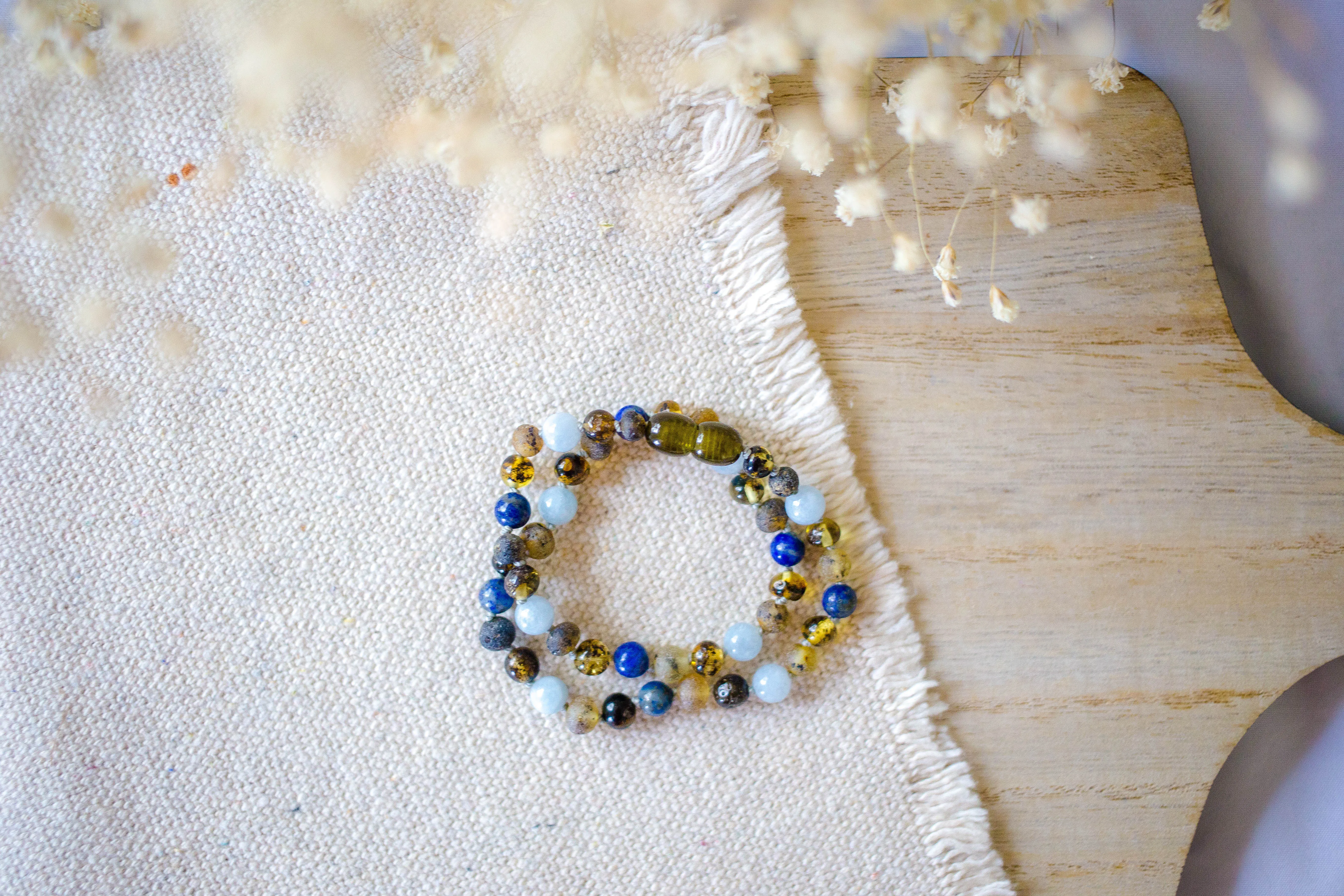 Lapis Lazuli, Aquamarine   Raw Green Baltic Amber Necklace