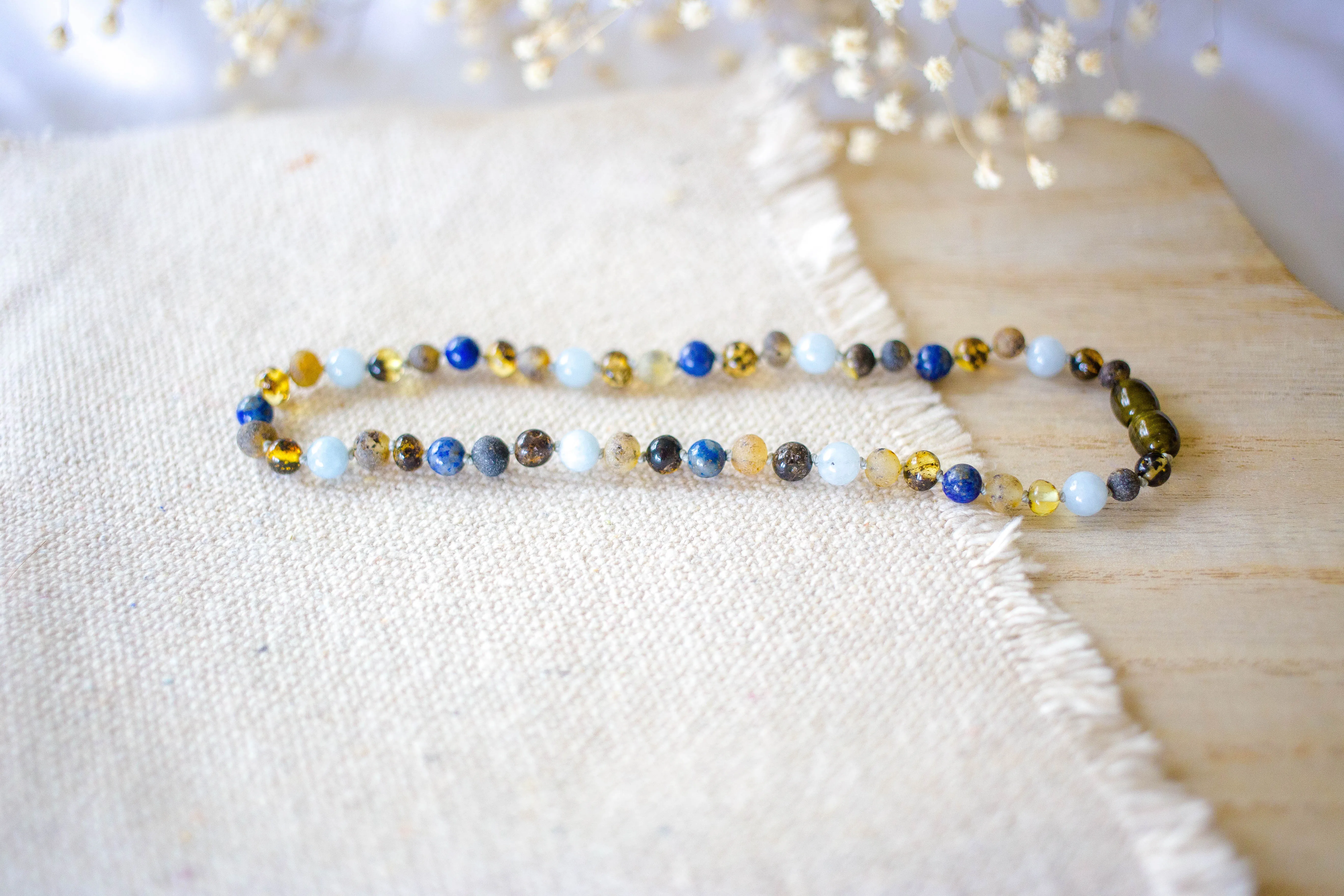 Lapis Lazuli, Aquamarine   Raw Green Baltic Amber Necklace