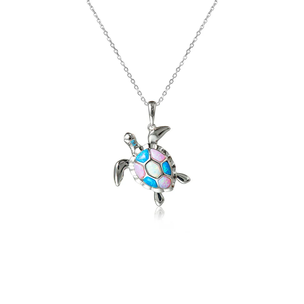 Life@Sea Genuine Sterling Silver Sea Turtle Pendant Necklace with Synthetic Opal Inlay