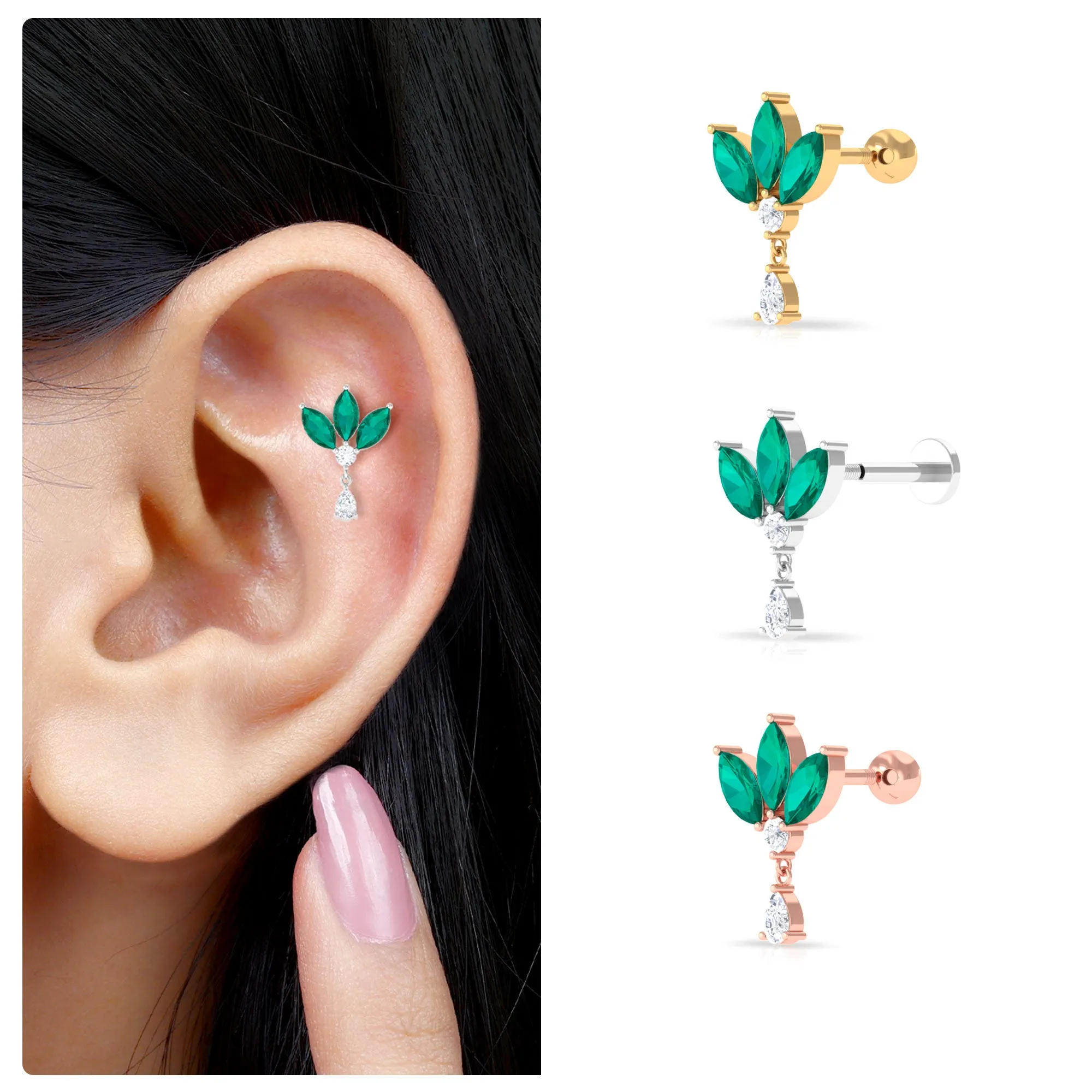 Marquise Created Emerald and Moissanite Flower Drop Earring
