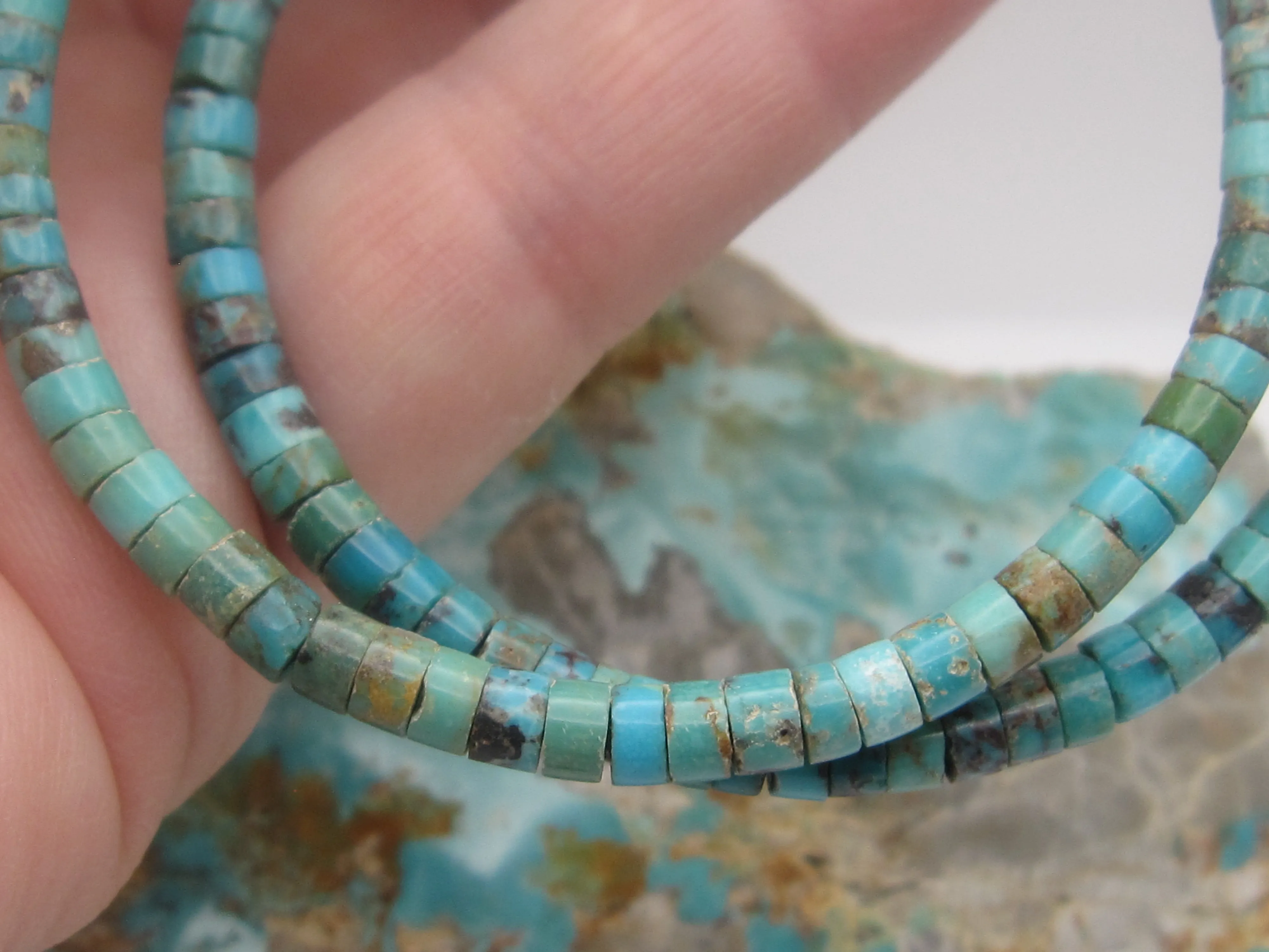 Native American Made Blue Green Heishi Turquoise Hoop Dangle Earrings