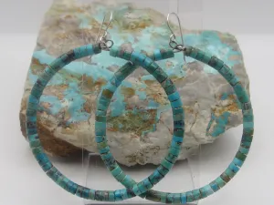 Native American Made Blue Green Heishi Turquoise Hoop Dangle Earrings
