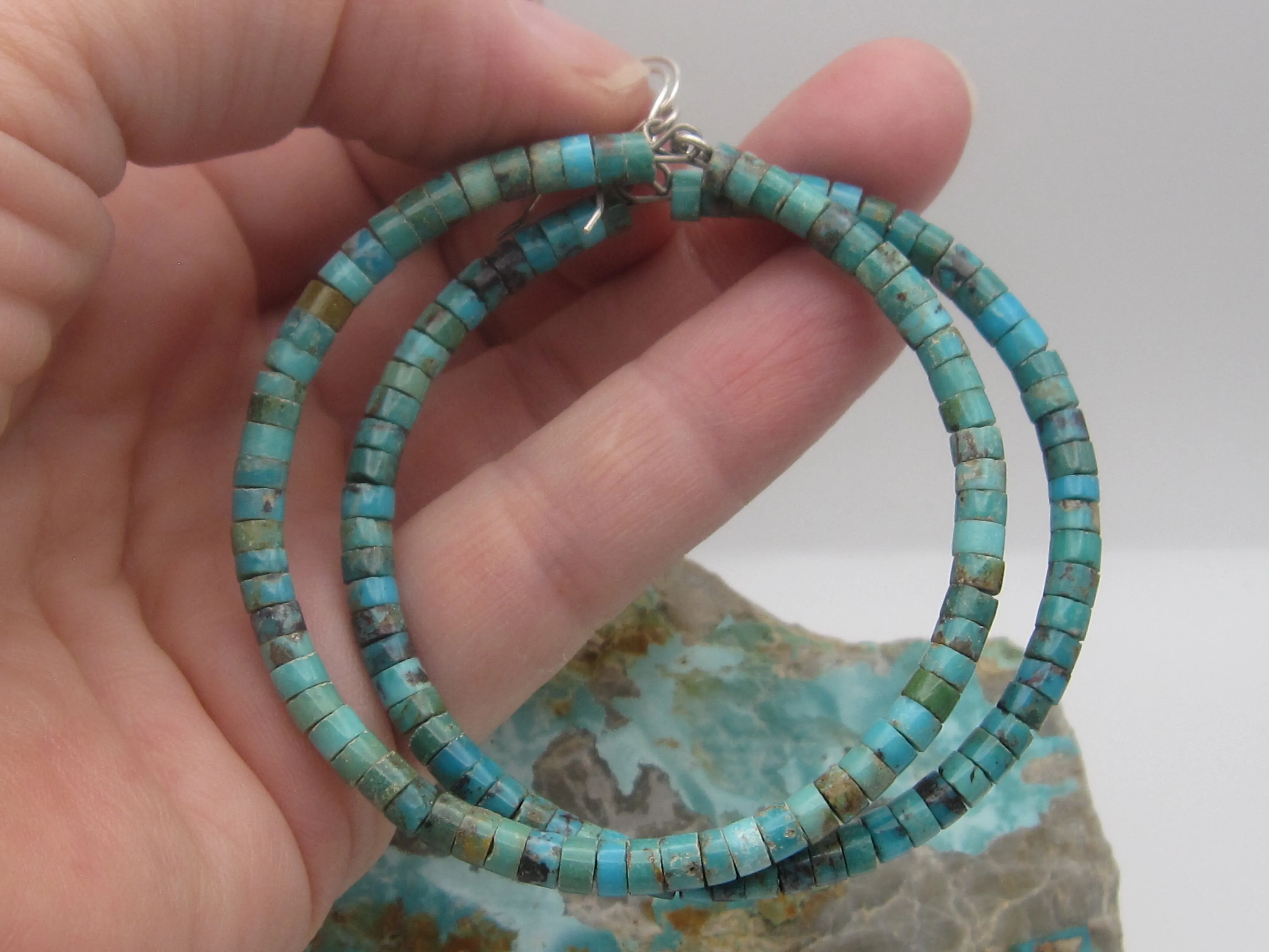 Native American Made Blue Green Heishi Turquoise Hoop Dangle Earrings