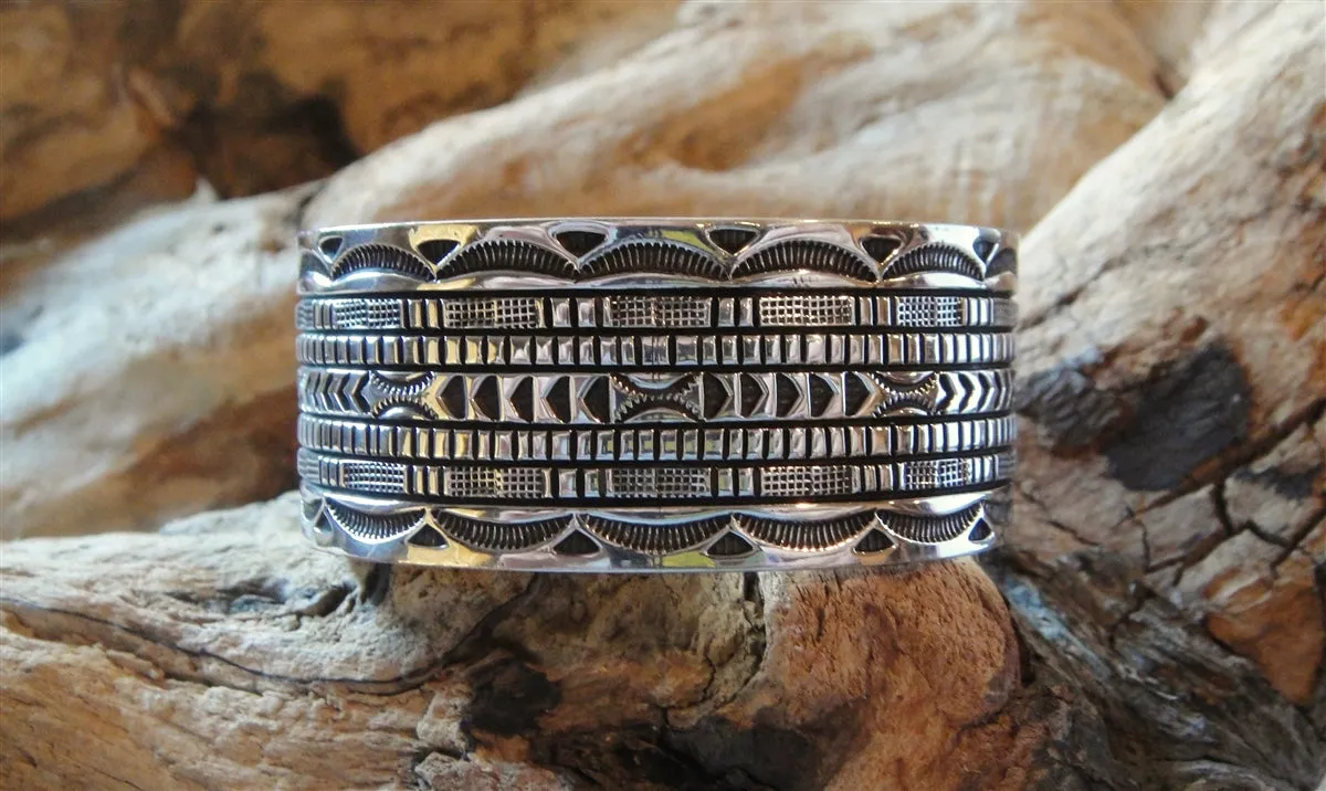 Native American Made Sterling Silver Stamped Wide Cuff Bracelet