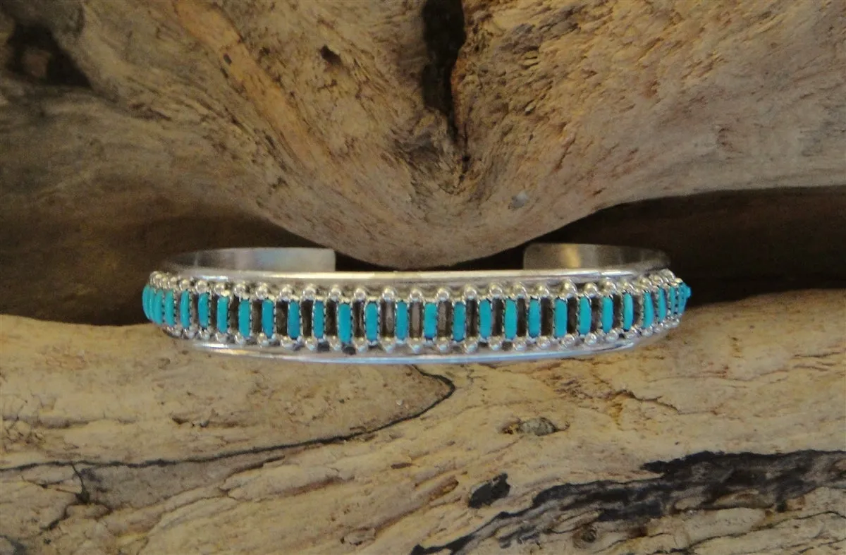 Native American Made Zuni Turquoise Needlepoint and Sterling Silver Cuff Bracelet