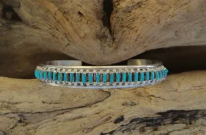 Native American Made Zuni Turquoise Needlepoint and Sterling Silver Cuff Bracelet