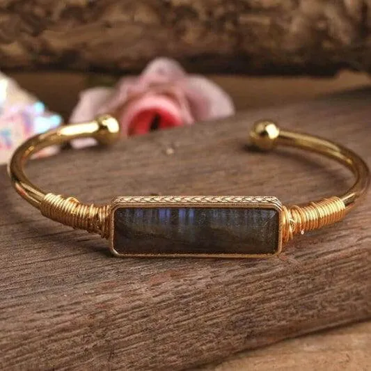 Natural Crystal Amethyst, Tiger Eye, Labradorite 18k Gold plated Bangle Bracelet