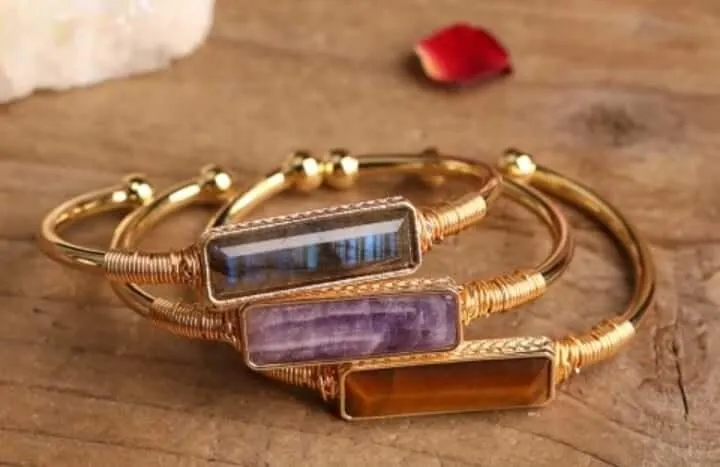 Natural Crystal Amethyst, Tiger Eye, Labradorite 18k Gold plated Bangle Bracelet