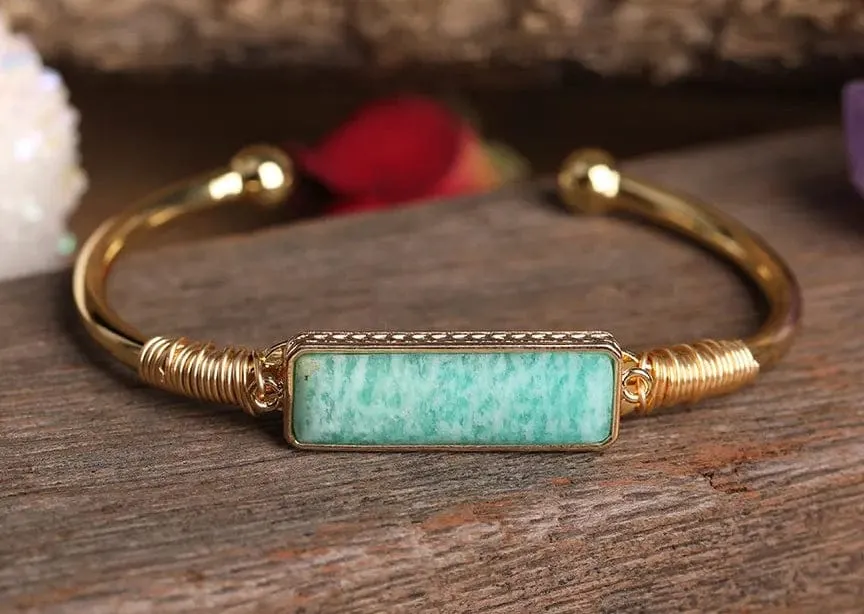 Natural Crystal Amethyst, Tiger Eye, Labradorite 18k Gold plated Bangle Bracelet