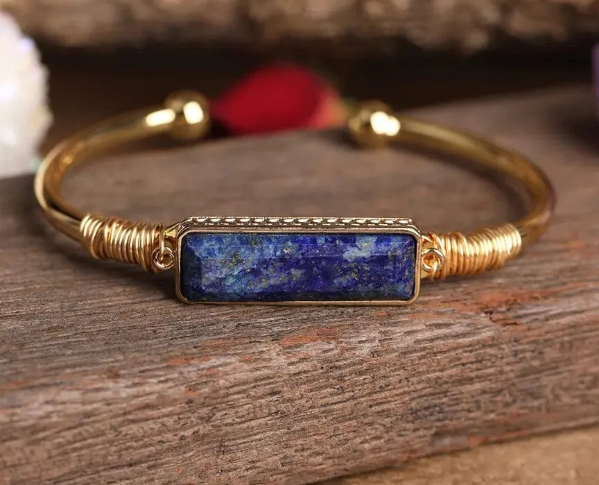 Natural Crystal Amethyst, Tiger Eye, Labradorite 18k Gold plated Bangle Bracelet