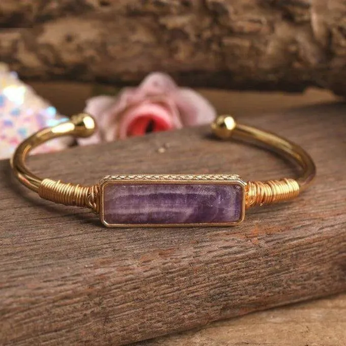 Natural Crystal Amethyst, Tiger Eye, Labradorite 18k Gold plated Bangle Bracelet