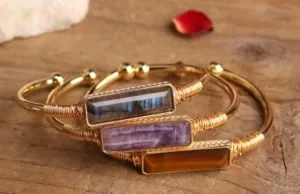 Natural Crystal Amethyst, Tiger Eye, Labradorite 18k Gold plated Bangle Bracelet
